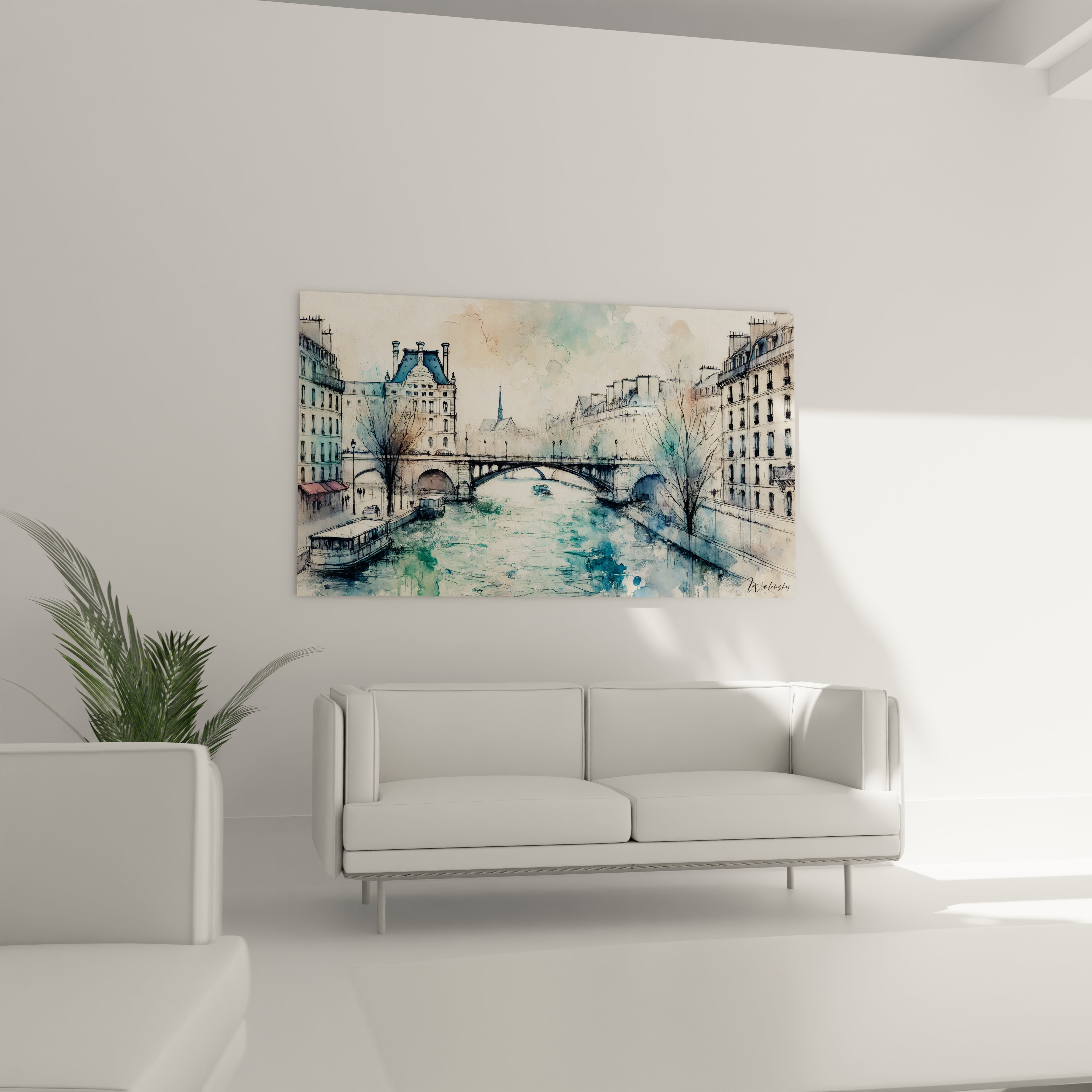 tableau La Seine dans un salon illumine l’espace avec ses reflets aquatiques délicats. Les façades parisiennes et ponts majestueux créent une ambiance apaisante et élégante au-dessus d’un canapé.

