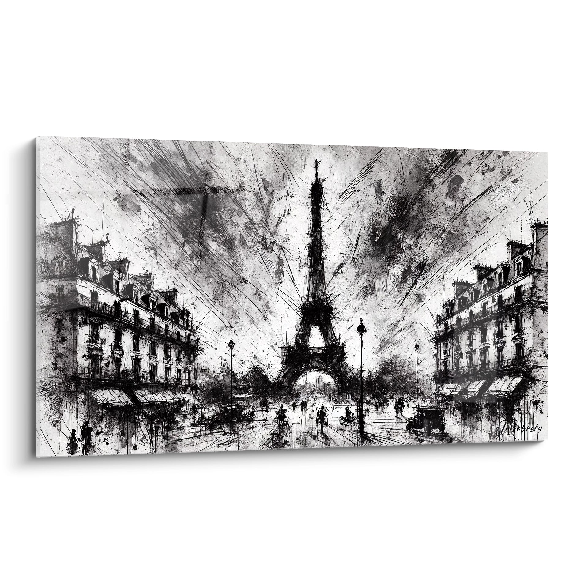 tableau Paris Noir et Blanc vu de biais révèle des lignes expressives et des textures brutes. Les nuances monochromes capturent l’âme vibrante de Paris entre modernité et histoire intemporelle.

