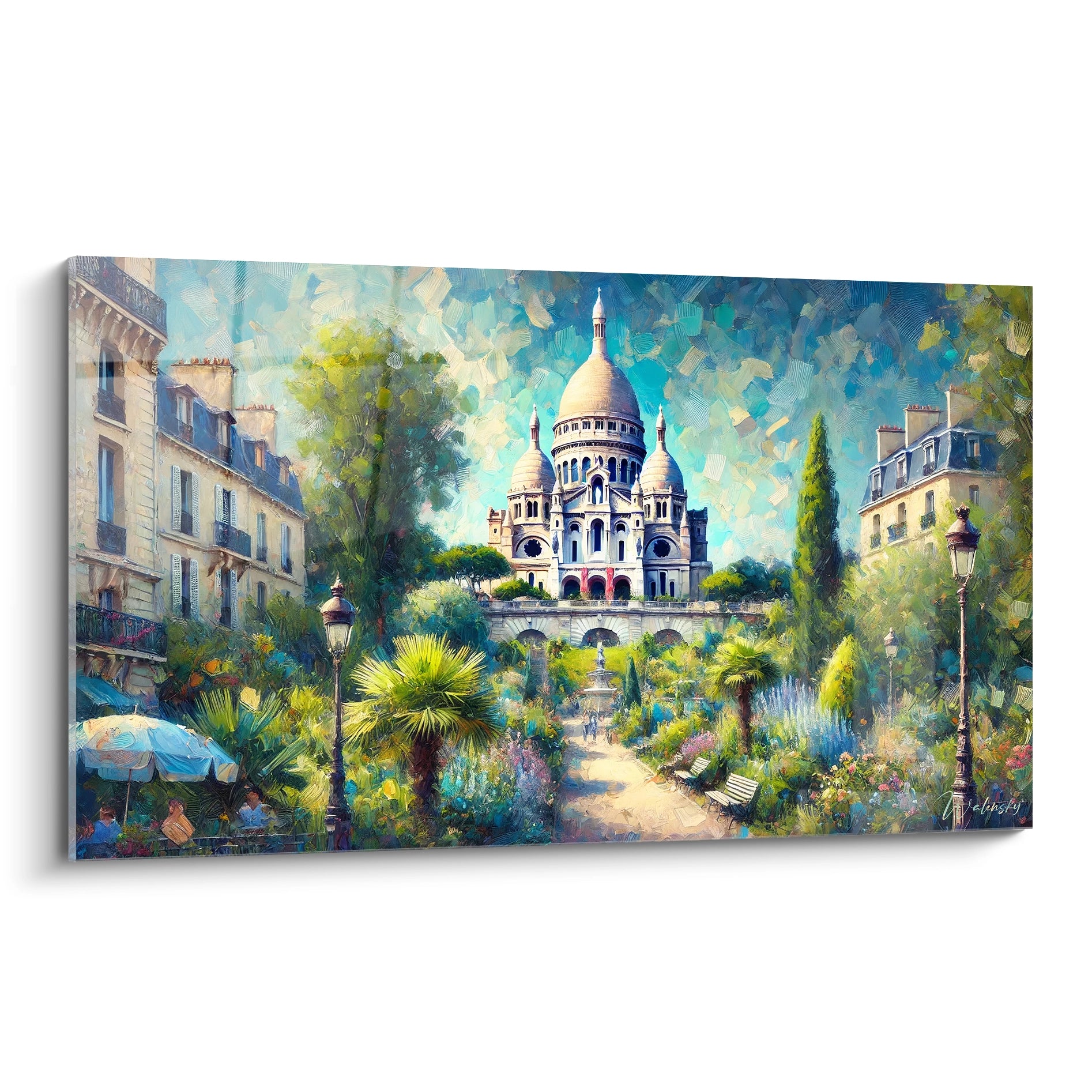 tableau Montmartre vu de biais révèle des nuances vibrantes de vert, bleu et beige. La basilique se dresse élégamment, entourée de jardins texturés, capturant l’essence bohème de Paris.

