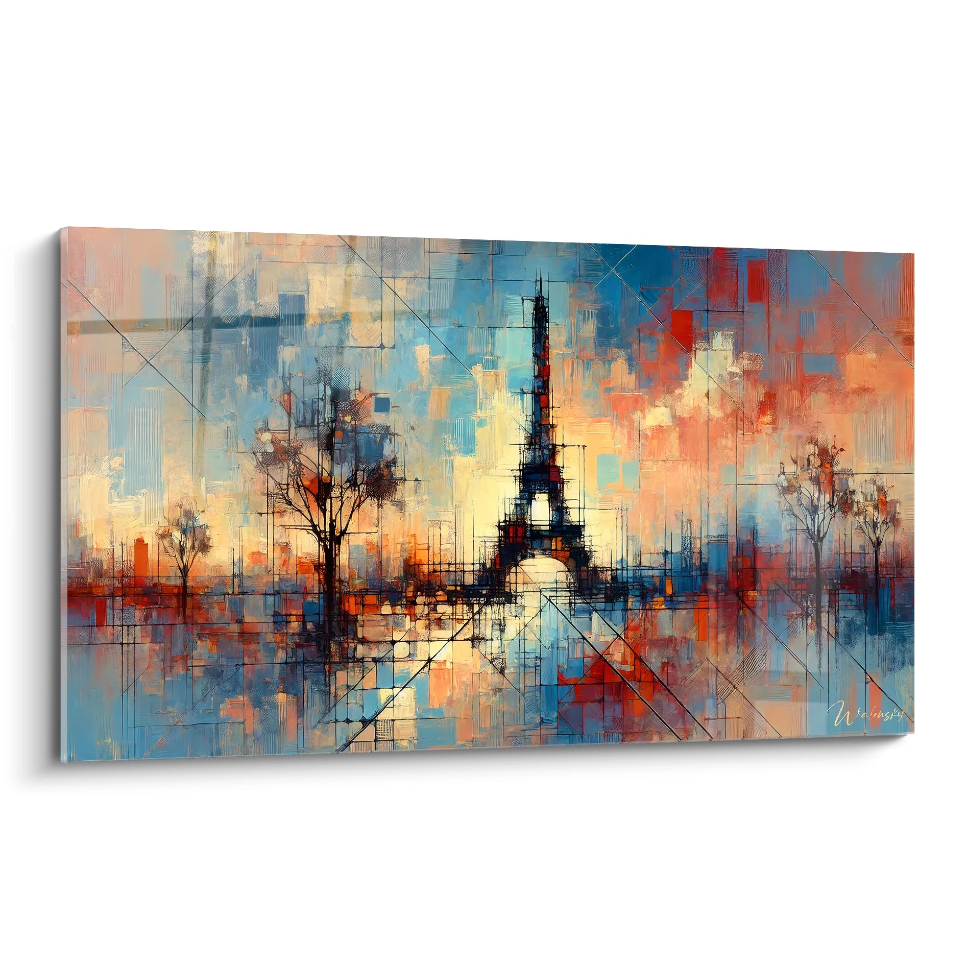 tableau Paris vu de biais dévoile des couleurs vives, bleu et orange, et des textures modernes. La Tour Eiffel et des arbres stylisés évoquent la magie de la Ville Lumière au crépuscule.

