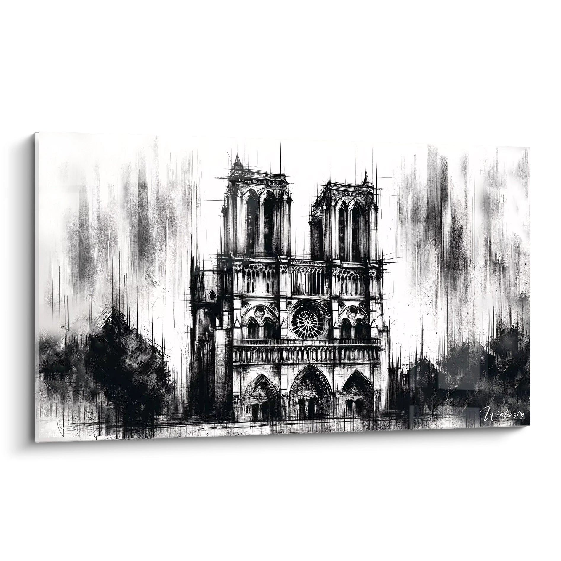 tableau Notre Dame vu de biais révèle les lignes gothiques majestueuses et les détails précis des arches en noir et gris. Une profondeur captivante se dévoile sous les reflets subtils du verre acrylique.

