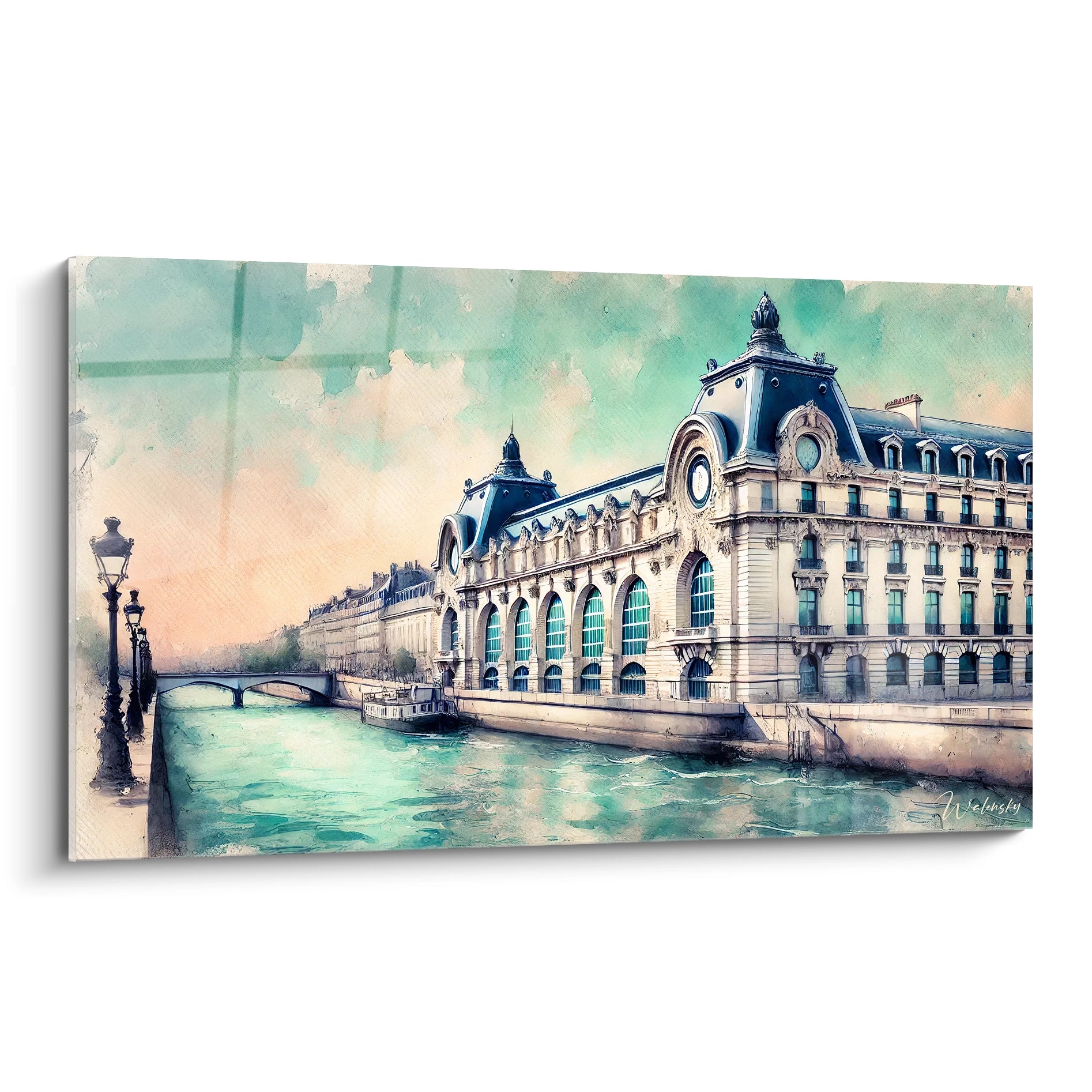 tableau Musée d'Orsay vu de biais révèle les reflets doux de la Seine et l'élégance des pierres beige et bleutées, avec des textures impressionnistes pour un effet vivant et lumineux.

