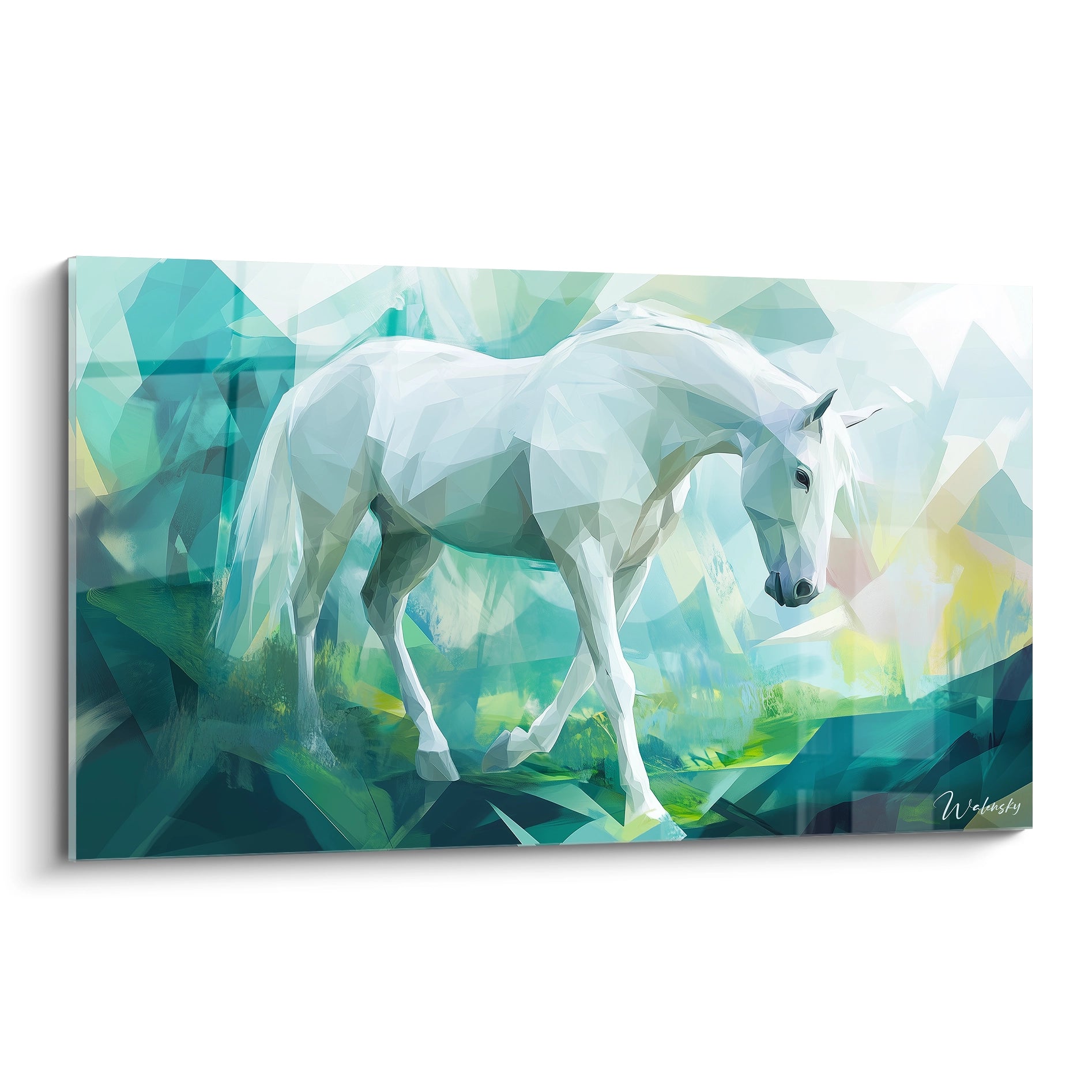 Un tableau artistique abstrait représentant un cheval blanc stylisé sur un fond géométrique, avec des teintes bleu clair, vert et blanc, et des textures anguleuses.

