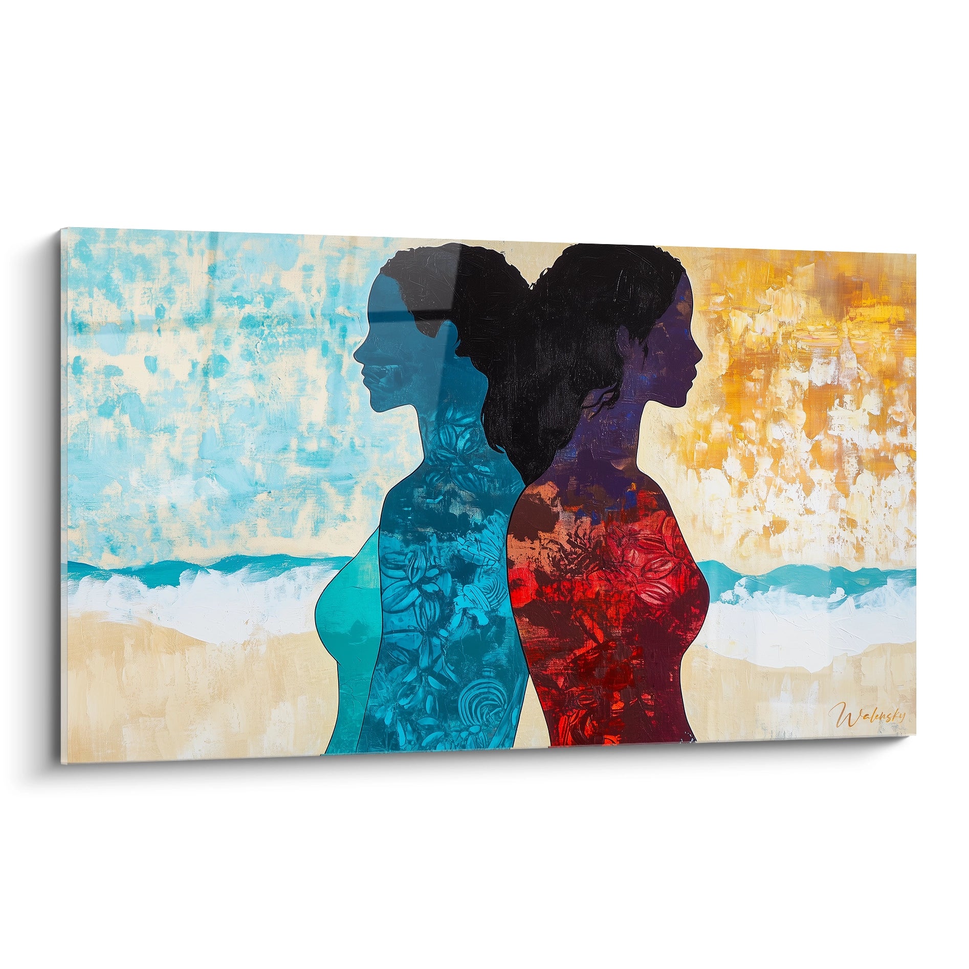 Un tableau Paul Gauguin montrant deux silhouettes féminines dos à dos, avec des motifs floraux et des teintes bleu turquoise, rouge, et beige sur un fond texturé.

