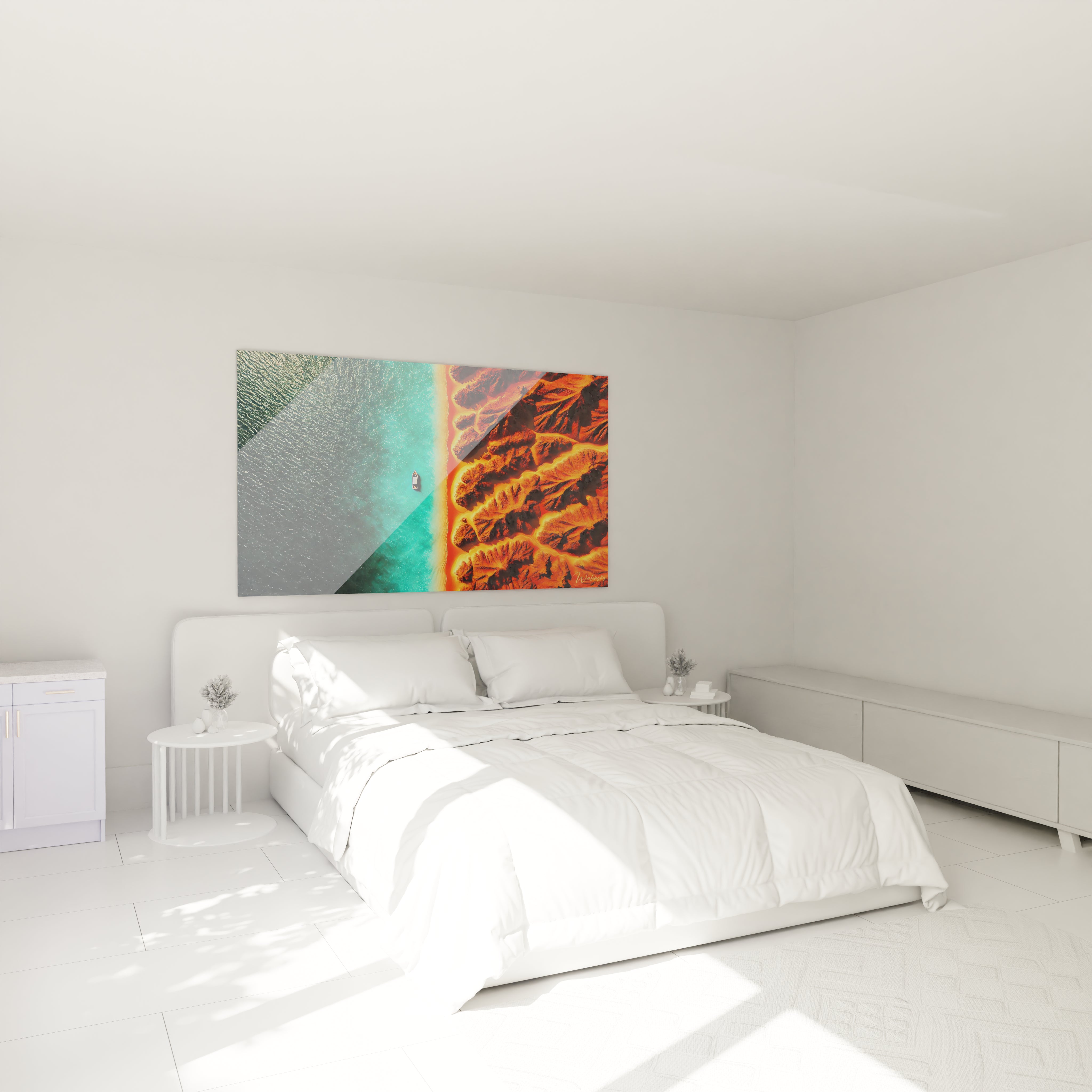 Dans cette chambre ce tableau paysage idyllique ajoute une ambiance sereine au-dessus du lit Ses teintes orange et bleu immersent la piece dans une harmonie contrastante et captivante

