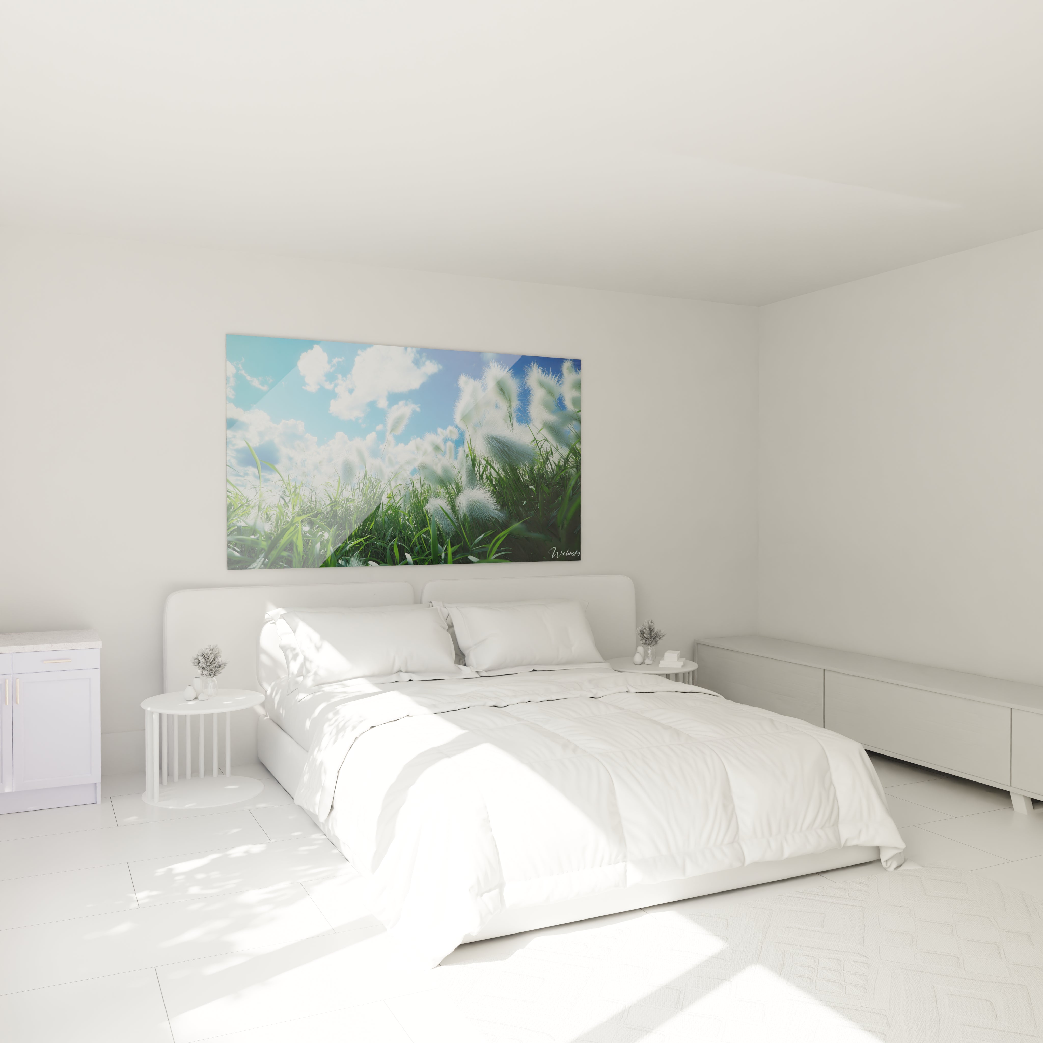 Un tableau paysage représentant une prairie verdoyante balayée par le vent, avec des herbes aux reflets blancs soyeux. Le ciel bleu vif et les nuages diffus créent un effet de profondeur naturel.

