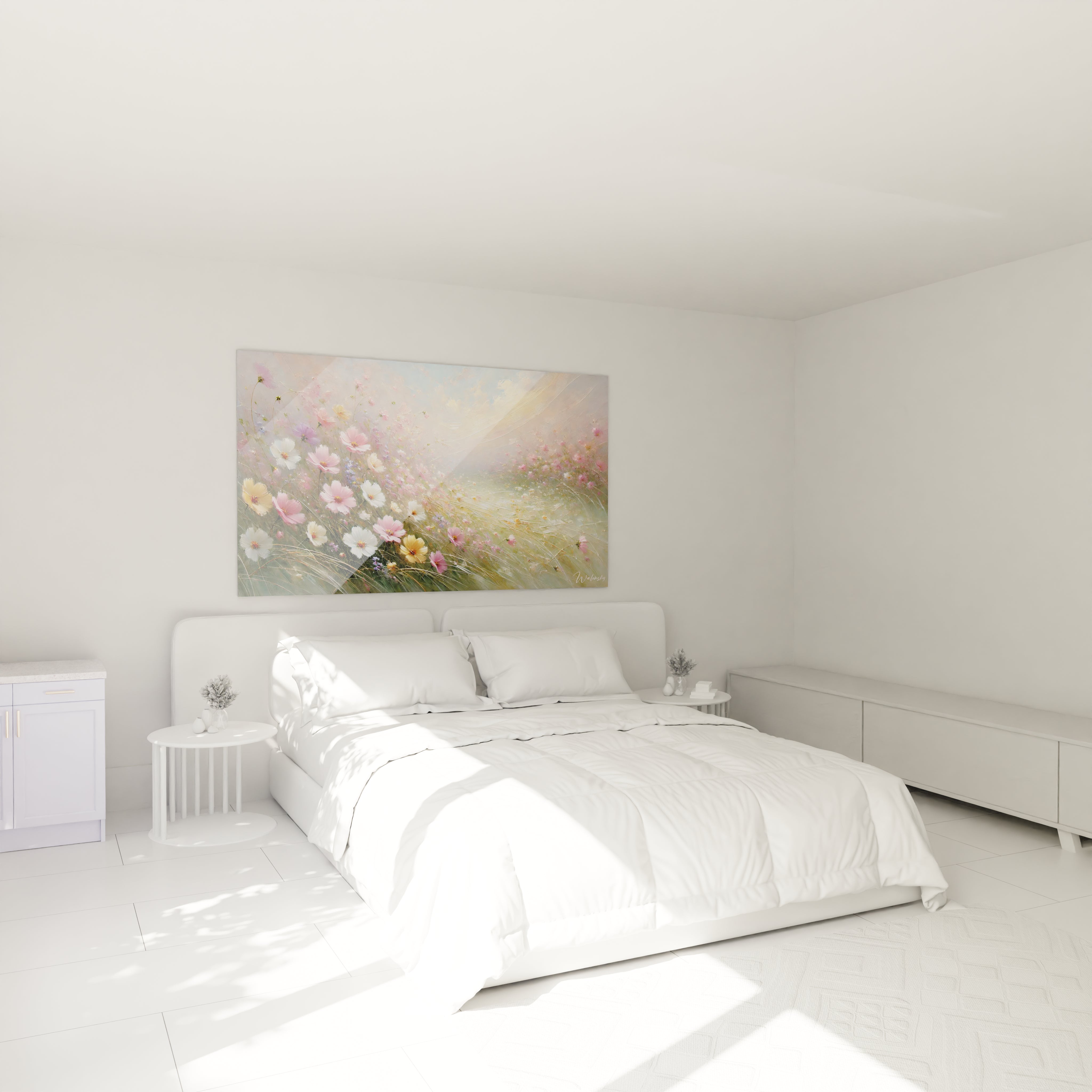 dans cette chambre le tableau toile de campagne ajoute une touche de serenite au dessus du lit avec son paysage de fleurs et sa lumiere matinale il invite a la contemplation paisible

