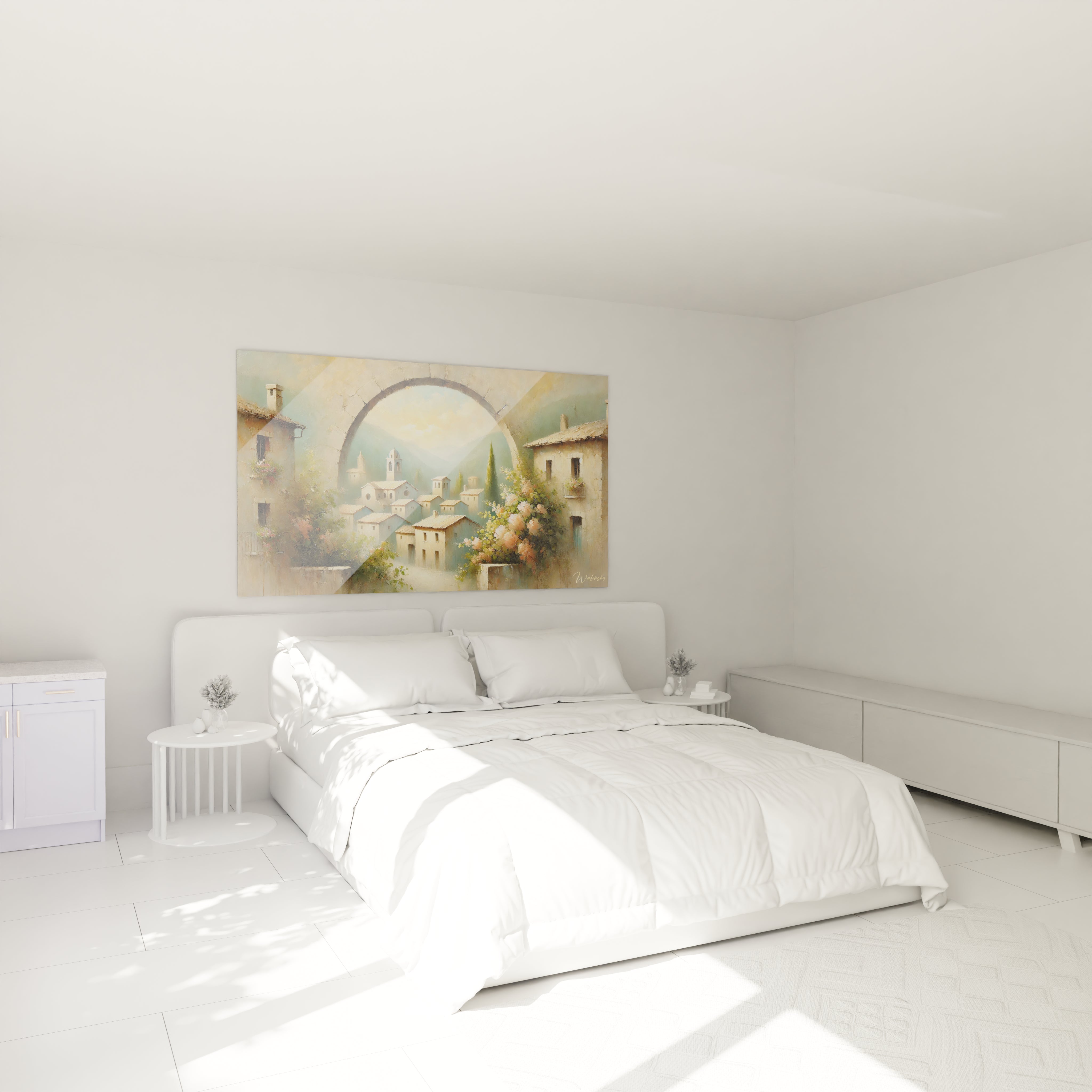 Ce tableau peinture de paysage capture un village paisible dans une chambre inspiree de la mediterranee accroche au dessus du lit il invite au calme et a la contemplation matinale

