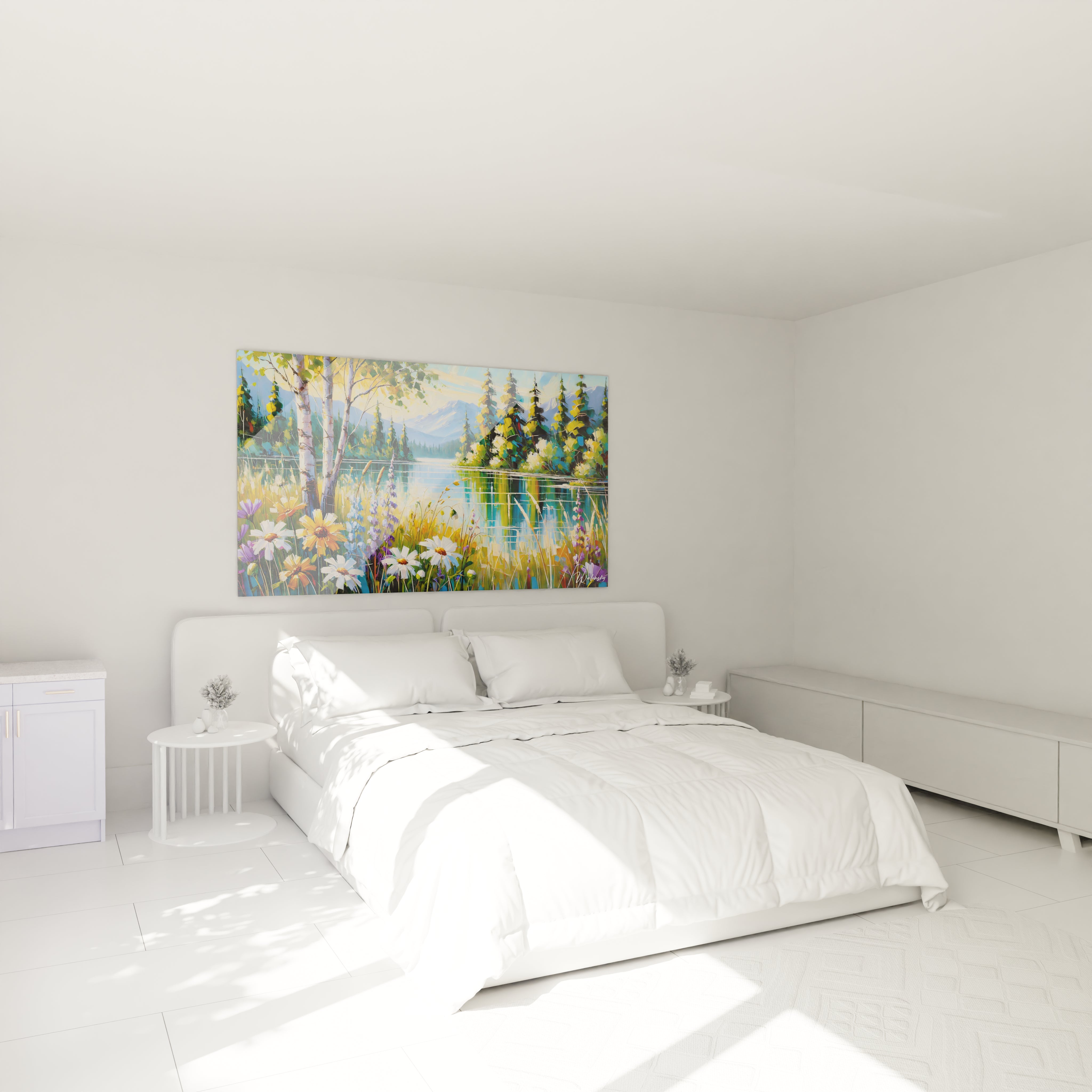 tableau scene naturelle dans une chambre au dessus du lit apporte une atmosphere de serenite inspiree par la beaute d un lac matinal une touche contemporaine pour un espace de repos

