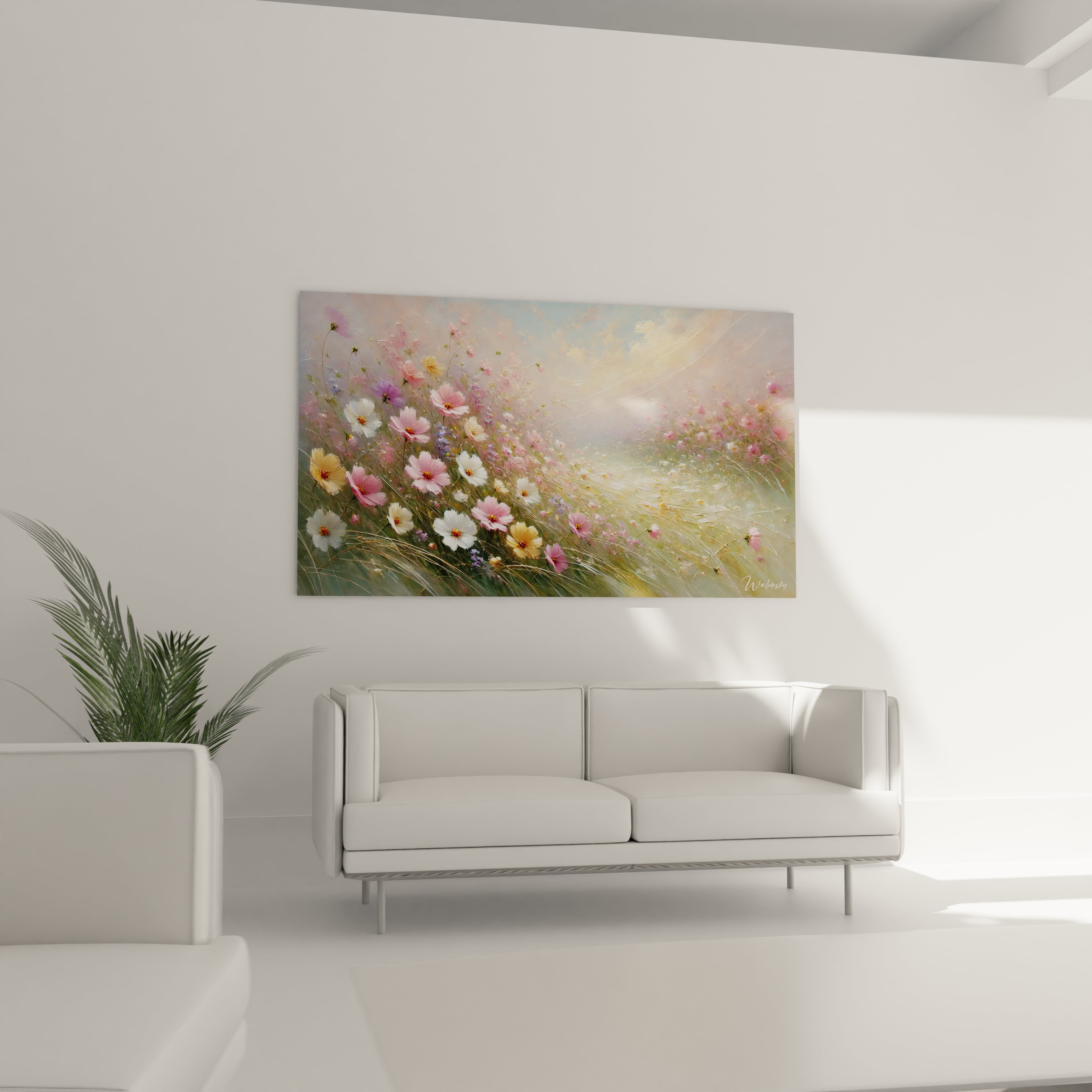 dans ce salon le tableau toile de campagne au dessus du canape cree un espace calme et apaisant les couleurs douces des fleurs dansent sous la lumiere pour une ambiance elegante

