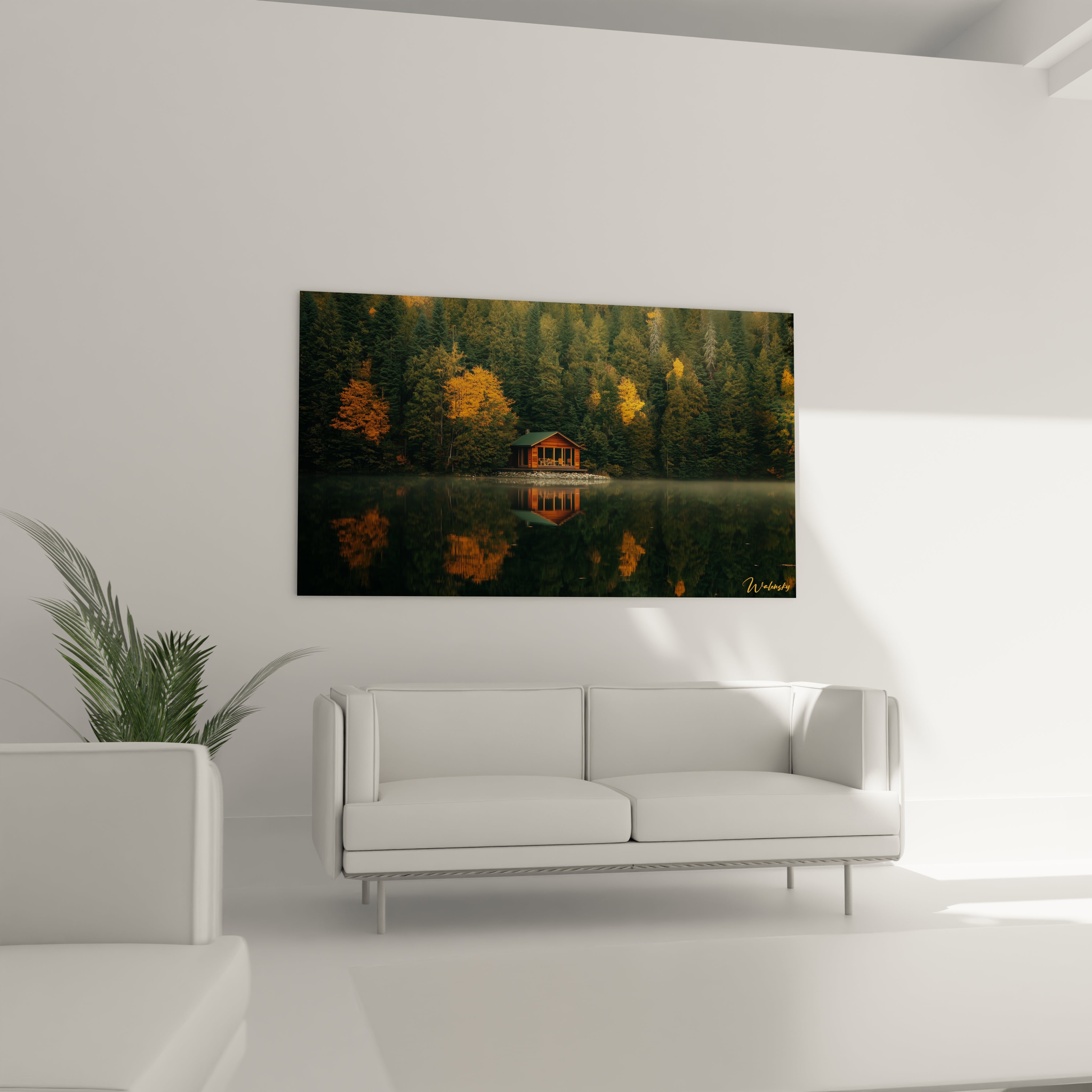 Un tableau paysage illustrant une scène automnale avec un chalet en bois surplombant un lac, des arbres aux feuilles dorées et une brume diffuse, créant un contraste entre textures boisées et aquatiques.

