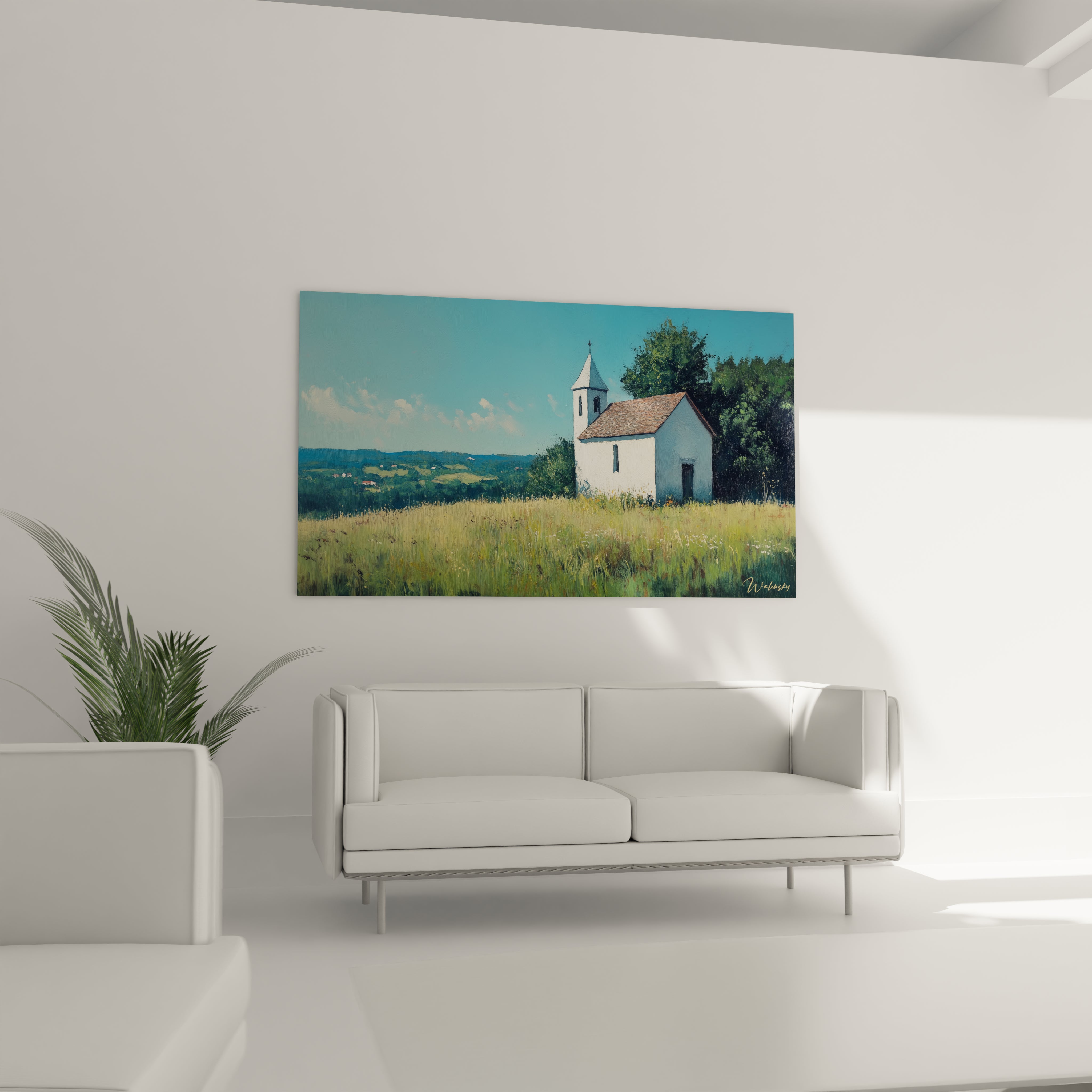 Un tableau paysage mettant en scène une structure architecturale simple, avec des murs blancs et un toit brun, intégrée dans un environnement naturel avec des textures herbeuses et un ciel lumineux.

