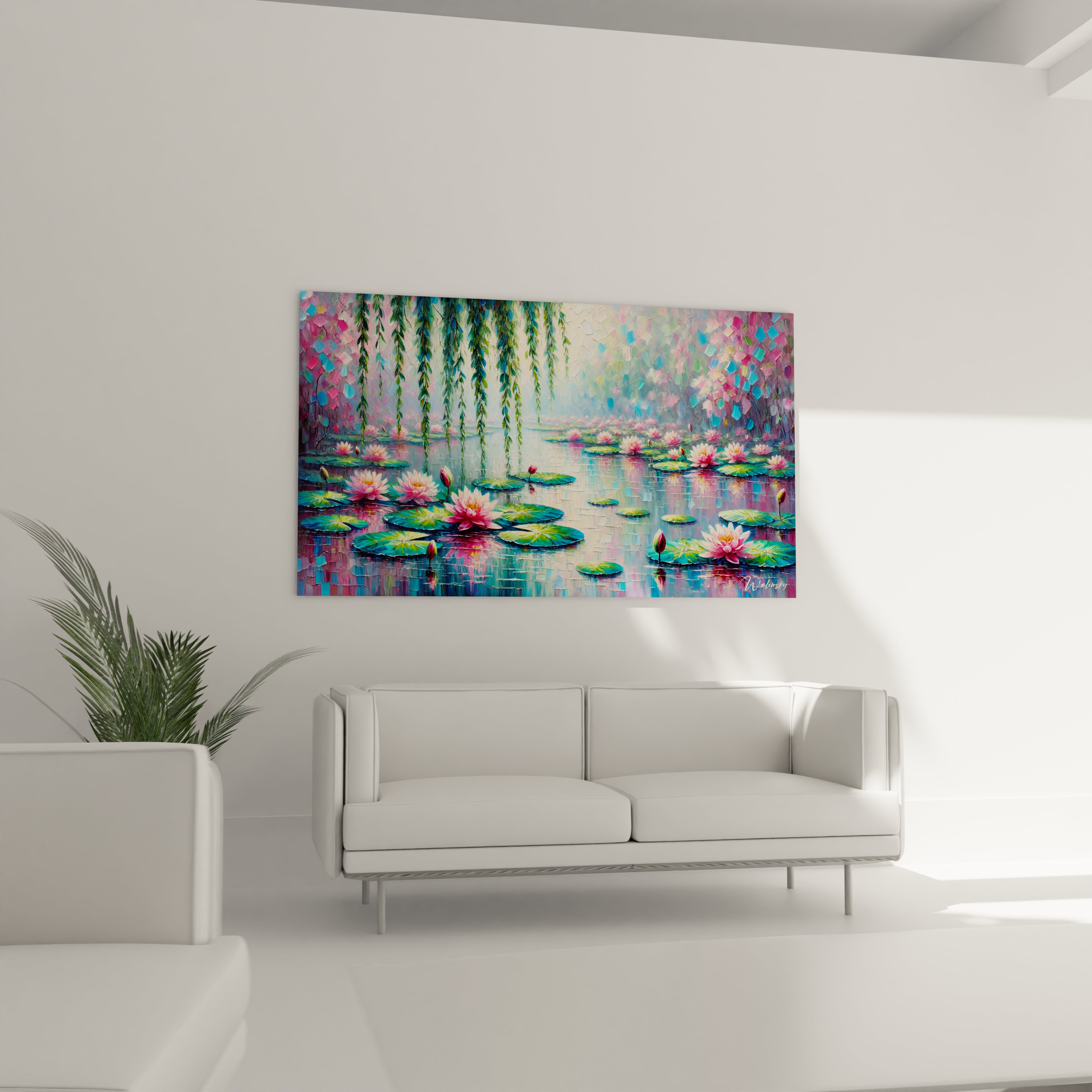 Ce tableau vue naturelle accroche au mur du salon apporte une ambiance relaxante Les reflets et textures representent un etang de nenuphars aux teintes pastel invitant a l evasion