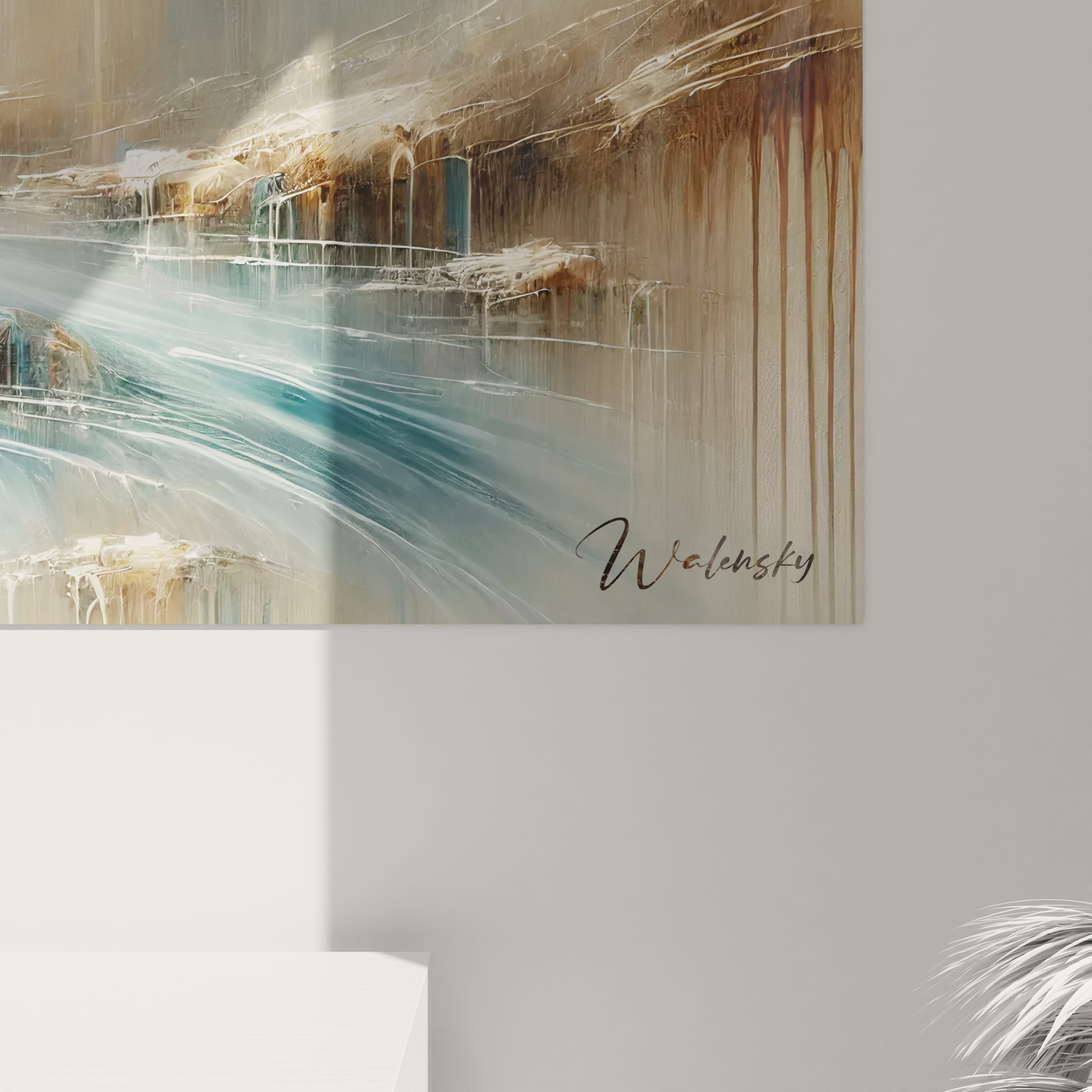 vue rapprochee du tableau paysage artistique revelant textures et couleurs subtiles l eau semble tangible mais eteree ideal pour une ambiance apaisante et contemporaine






