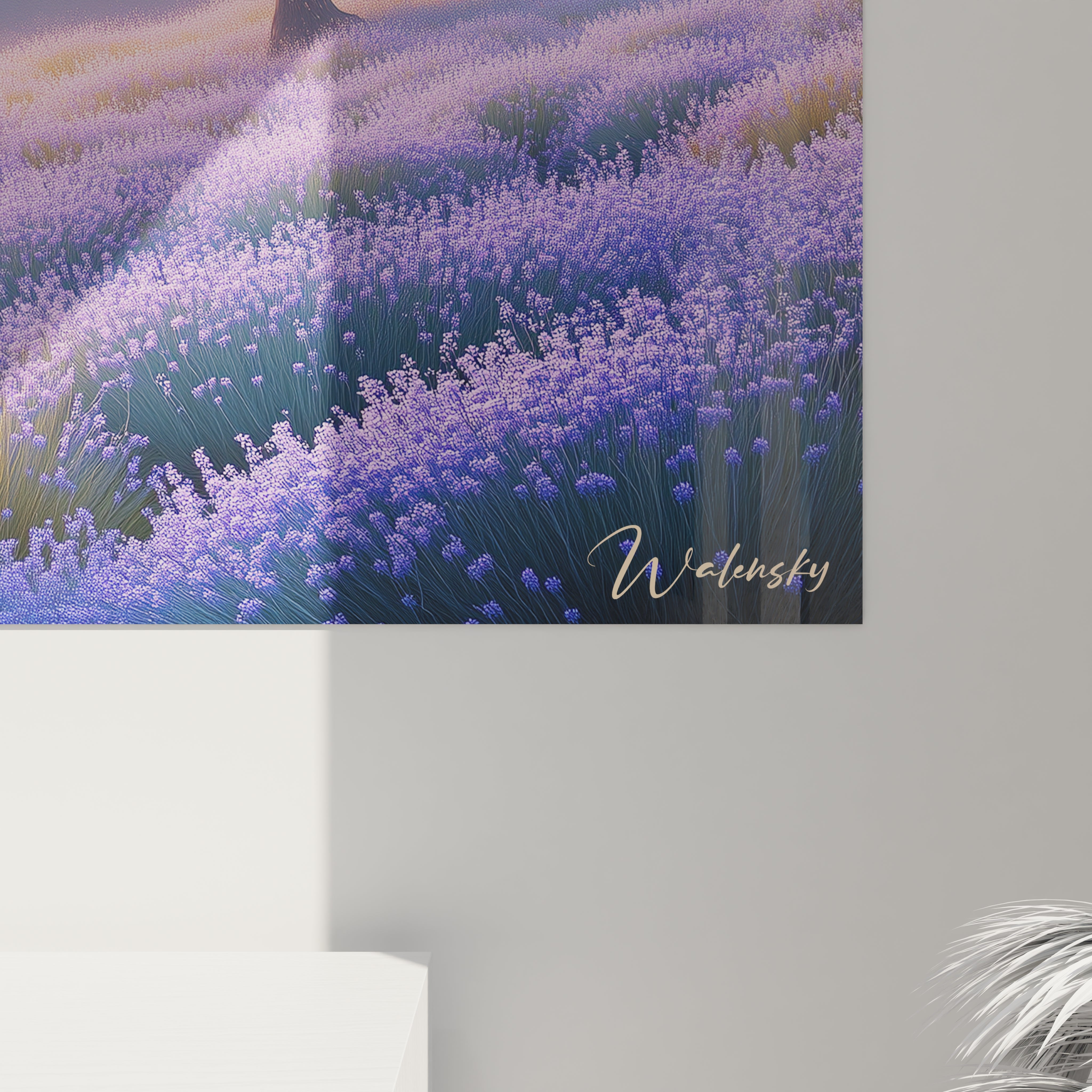 Un tableau paysage montrant des lignes naturelles formées par des champs de lavande violets, un arbre central doré et un ciel aux tons pastel, avec un effet de profondeur renforcé par des dégradés colorés.














