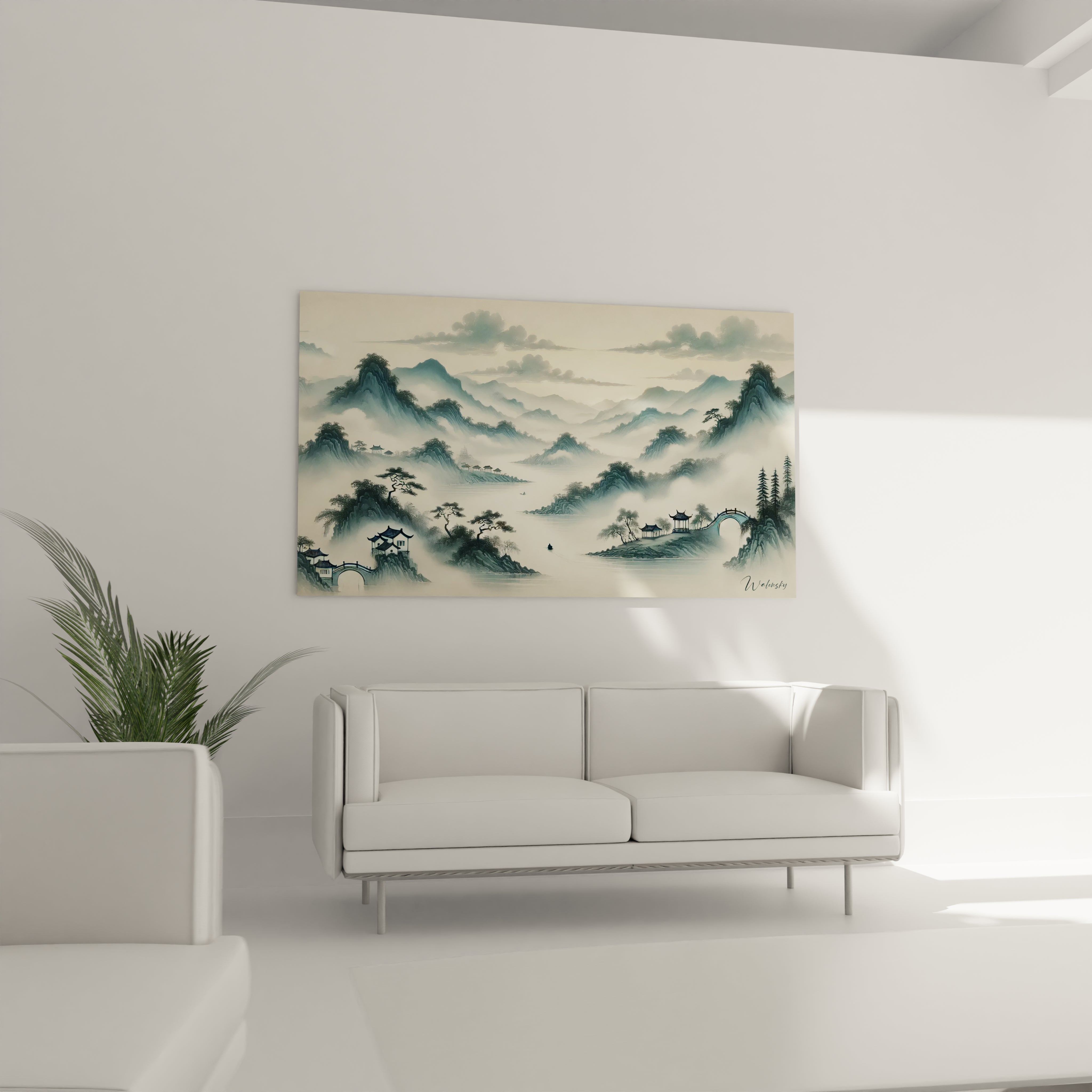 Dans le salon ce tableau peinture chinoise au dessus du canape evoque un paysage onirique invitant a l evasion a travers des nuances de bleu et de gris pour un decor apaisant

