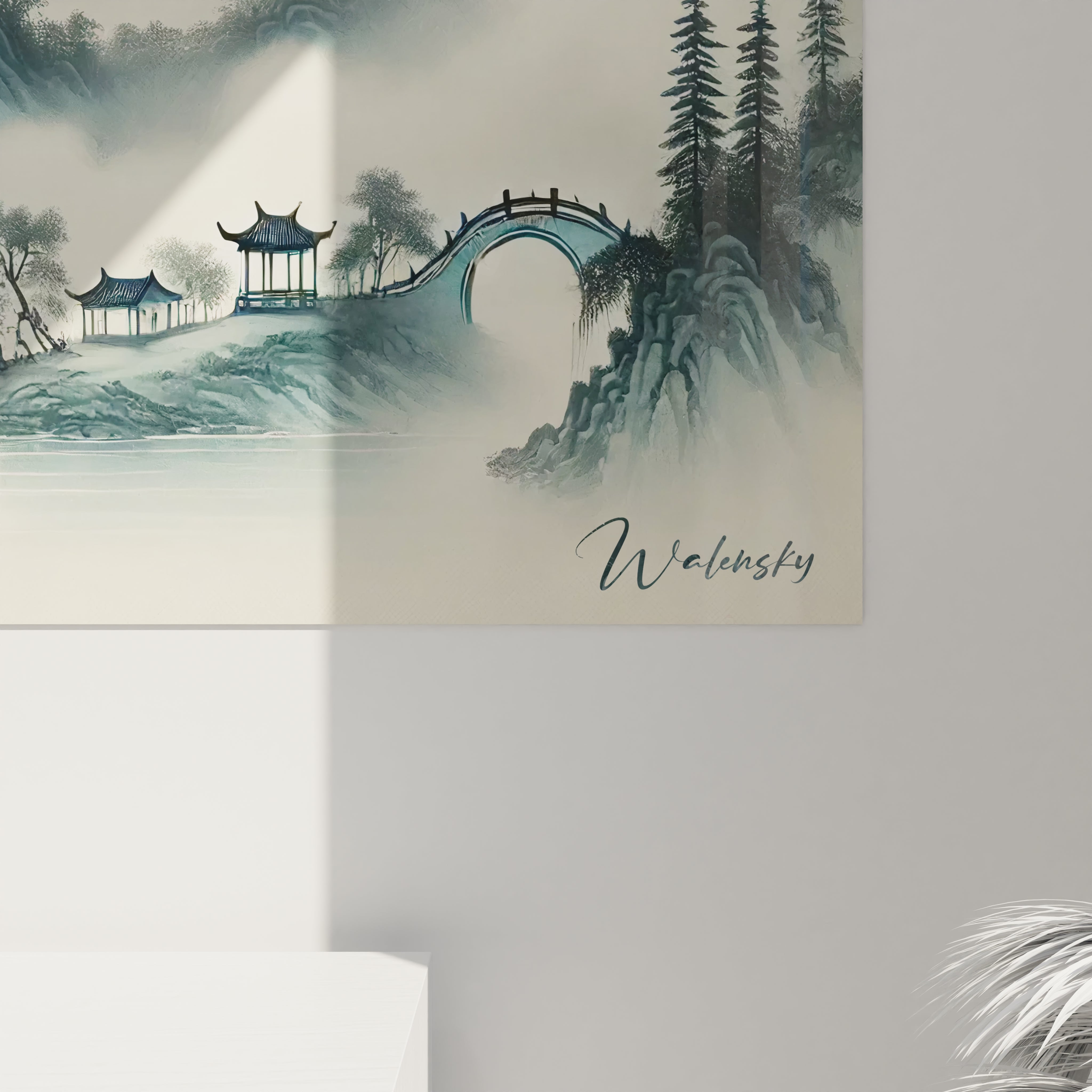 Vue de pres ce tableau peinture chinoise devoile des details realistes et delicats les nuances de gris et bleu capturent la magie des montagnes et des pavillons






