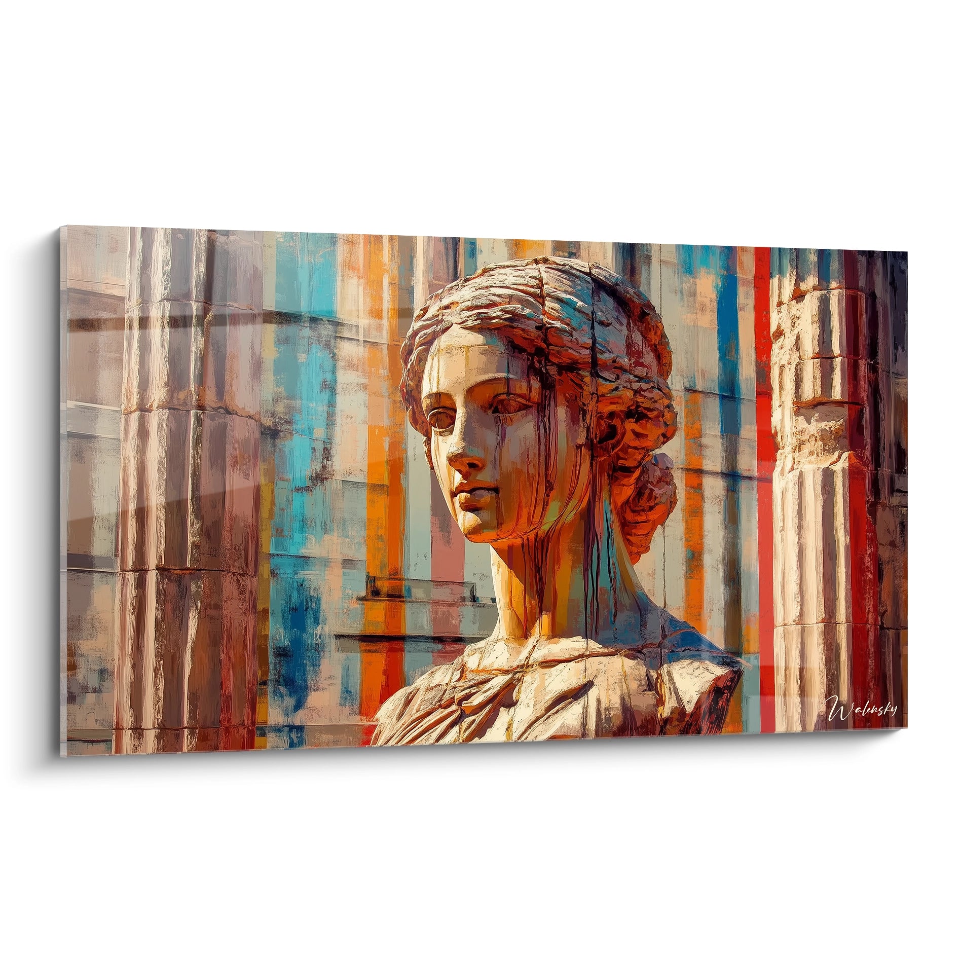 Un tableau peinture contemporaine abstrait représentant une sculpture féminine entourée de colonnes, avec des teintes orange, bleu et beige, et des textures détaillées sur fond texturé.

