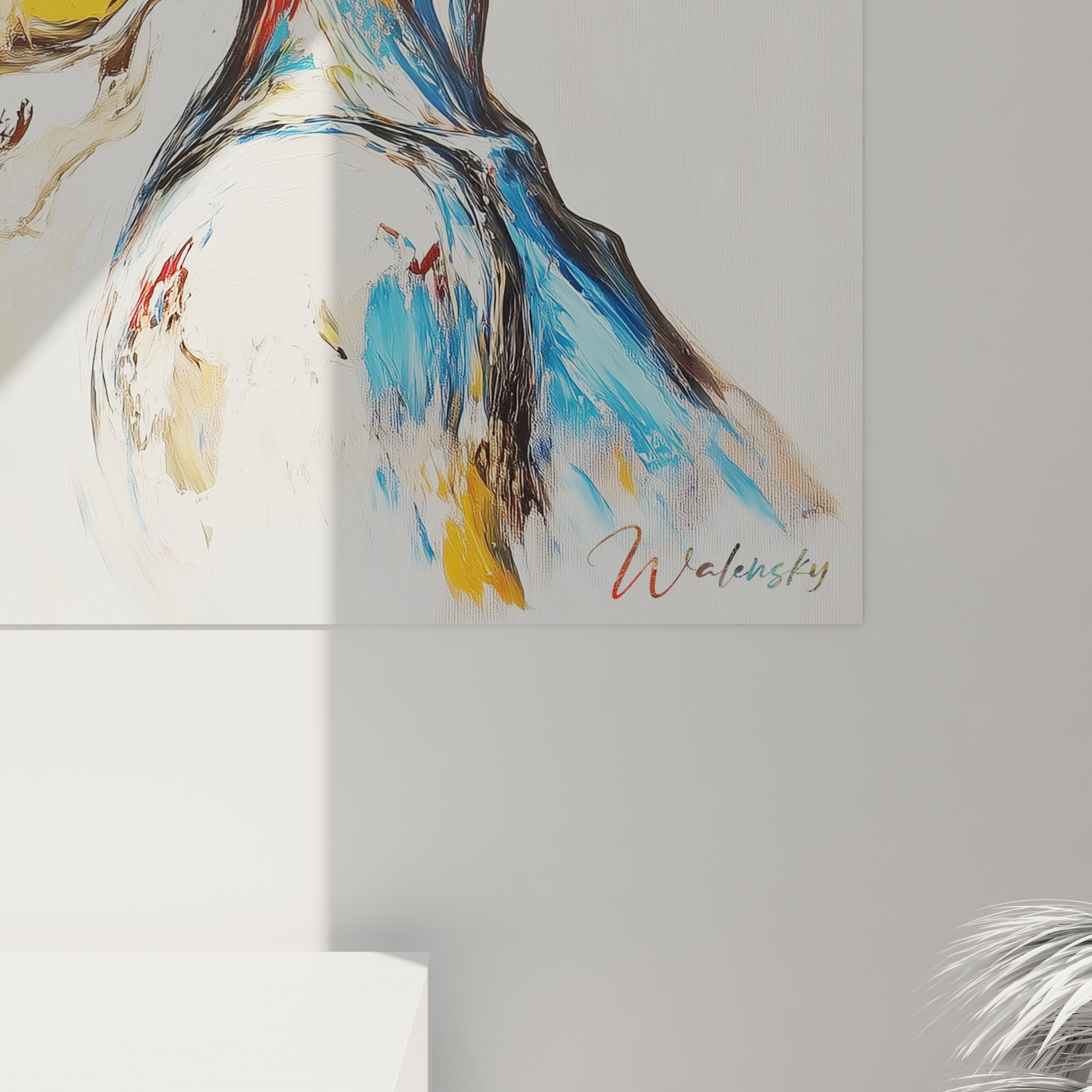 Une œuvre abstraite contemporaine montrant une silhouette féminine de profil, des lignes fluides multicolores et des textures en relief, dans une palette de rouge, jaune et bleu sur fond blanc.






