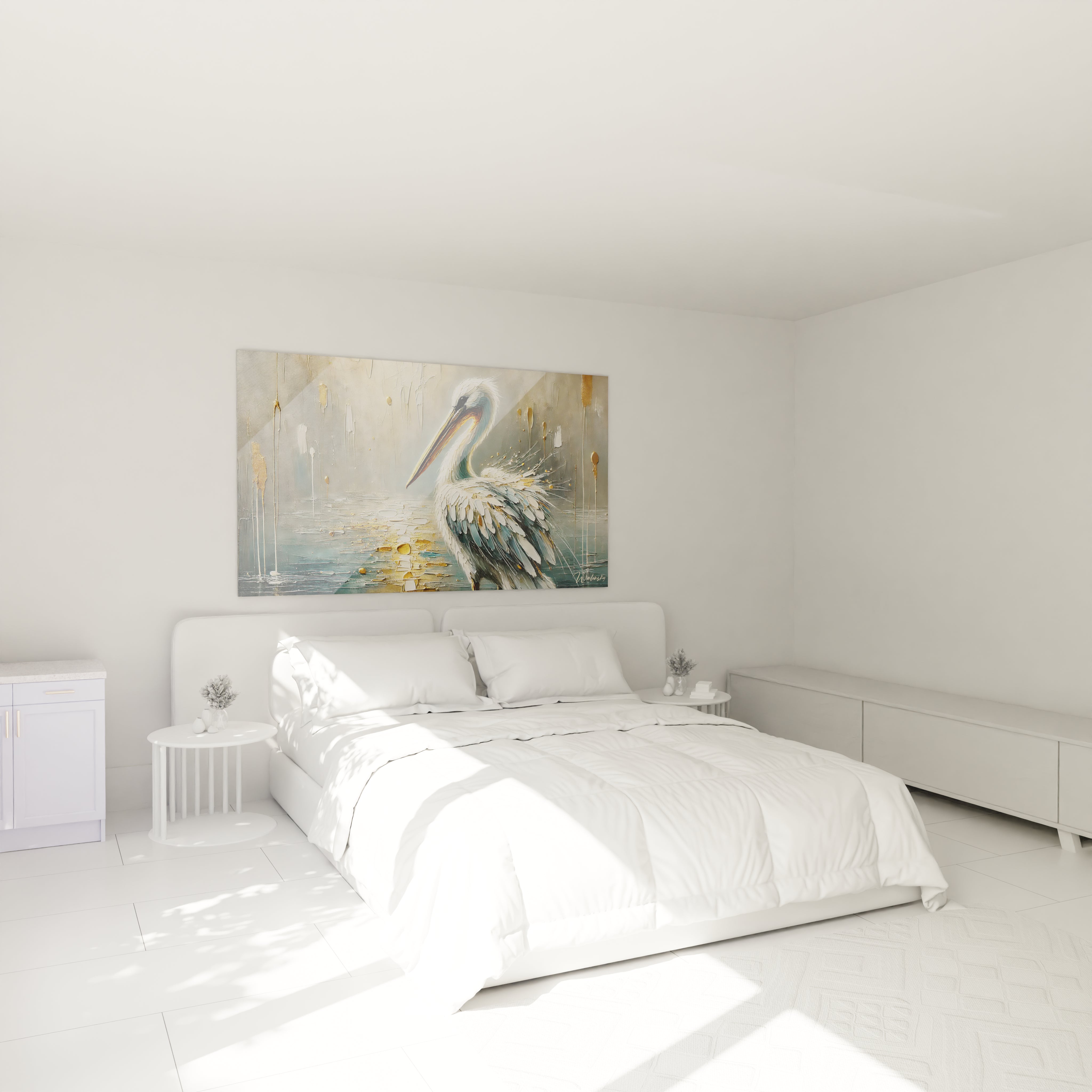 accroche dans une chambre, le tableau pelican ajoute une touche sereine et mystique a votre decor. L eclat dore et les details subtils des plumes apportent calme et elegance a votre espace

