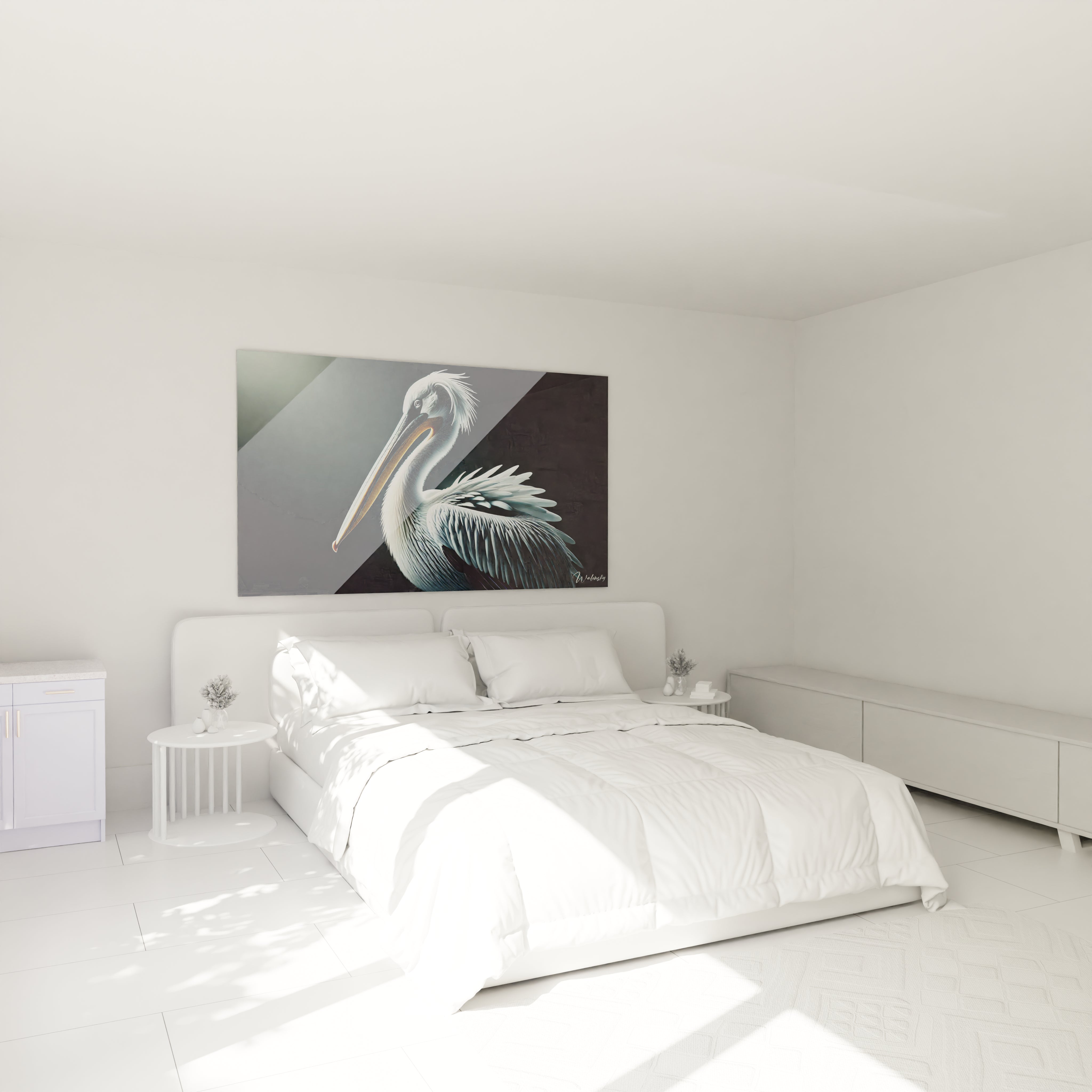 tableau pelican au dessus d un lit dans une chambre il apporte une touche de serenite les contrastes subtils de ses plumes et couleurs minimalistes creent une ambiance reposante et elegante

