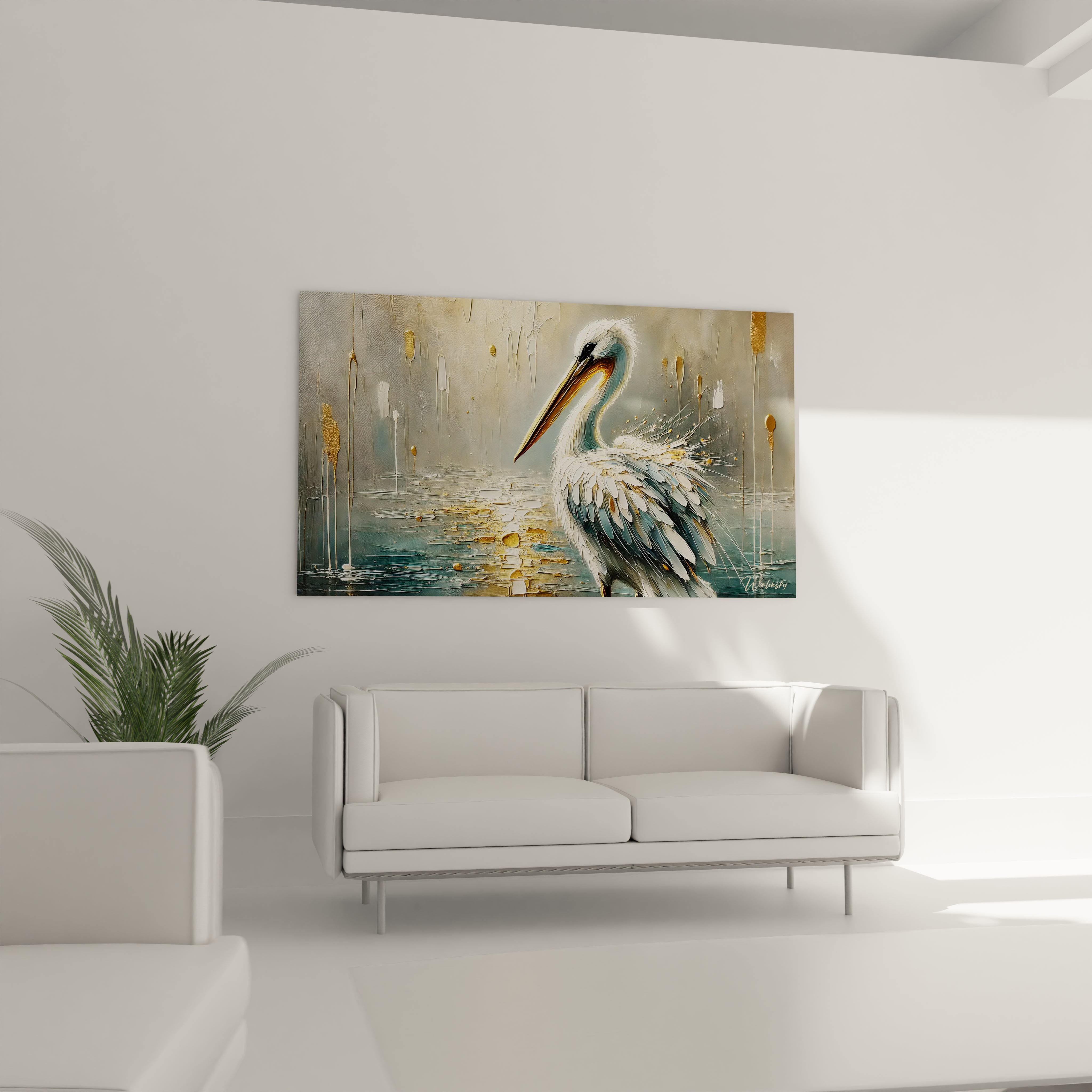 dans un salon, ce tableau pelican sublime l ambiance avec ses tons blancs, gris et or. La grace tranquille de l oiseau se marie parfaitement au dessus du canape pour un decor apaisant

