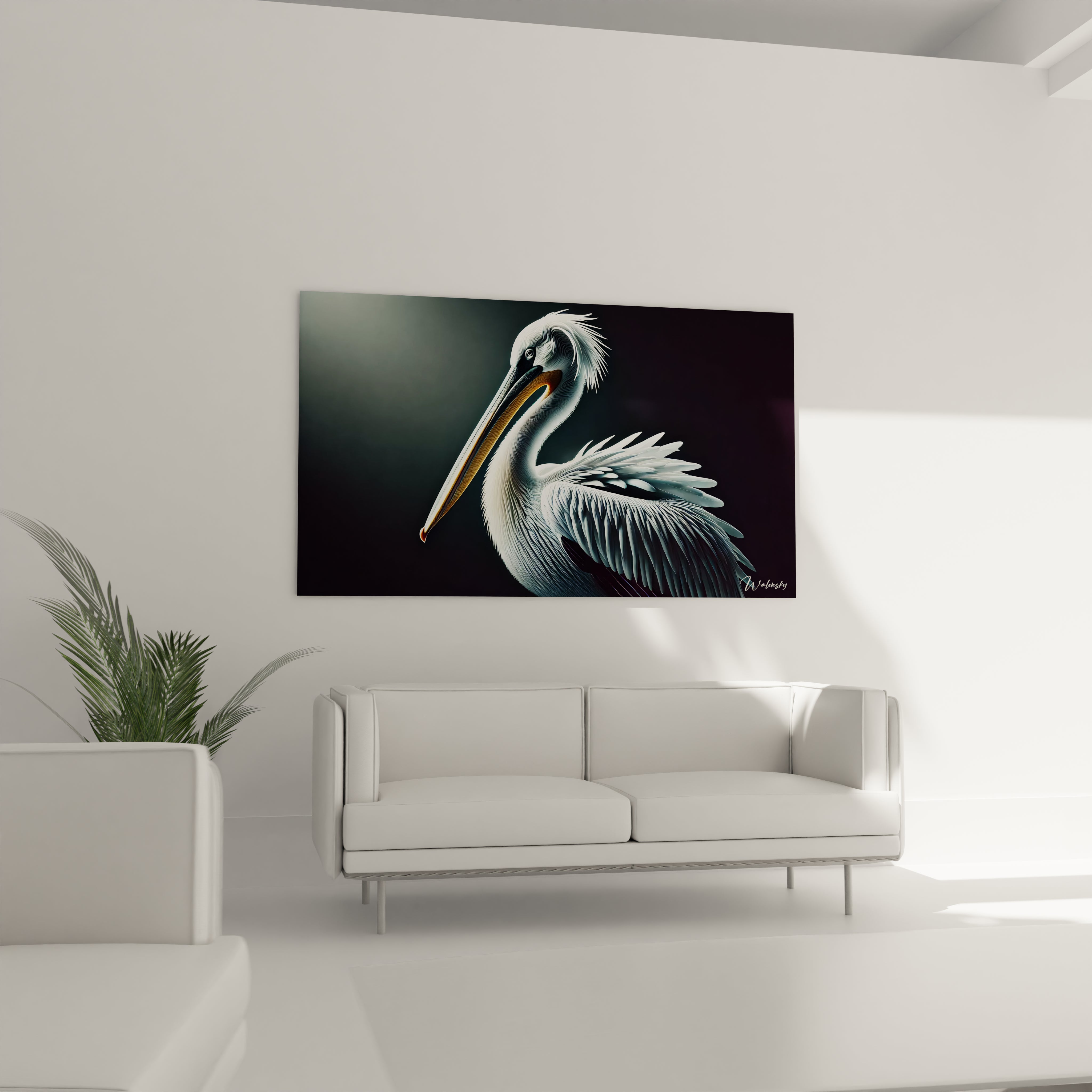 tableau pelican au dessus d un canape il attire tous les regards son realisme et ses details minutieux apportent une harmonie naturelle a votre salon tout en sublimant votre interieur

