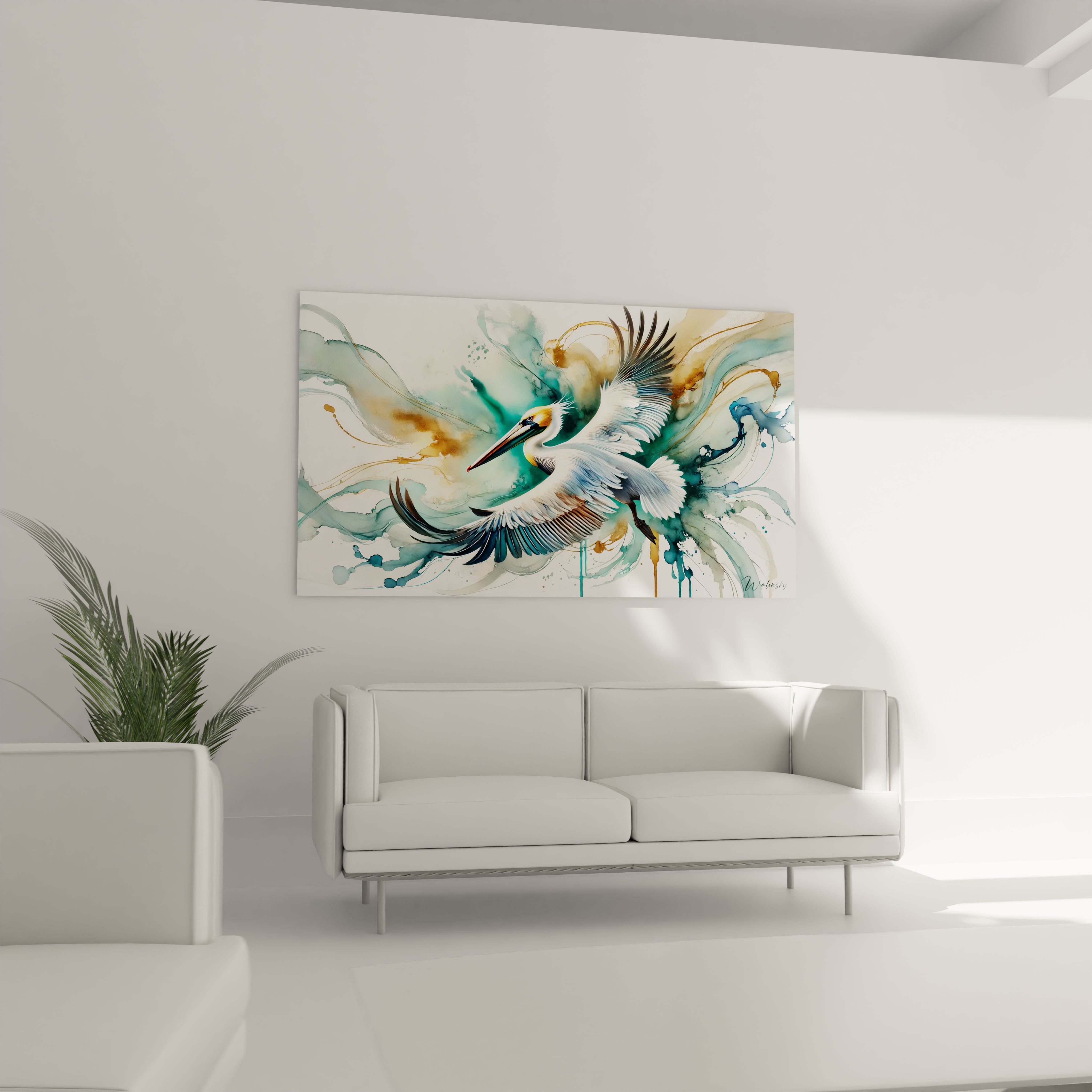 un tableau pelican accroche au dessus d un canape apporte une sensation de force et de legerete grace a son fond abstrait les couleurs vives ajoutent du caractere a votre decoration interieur

