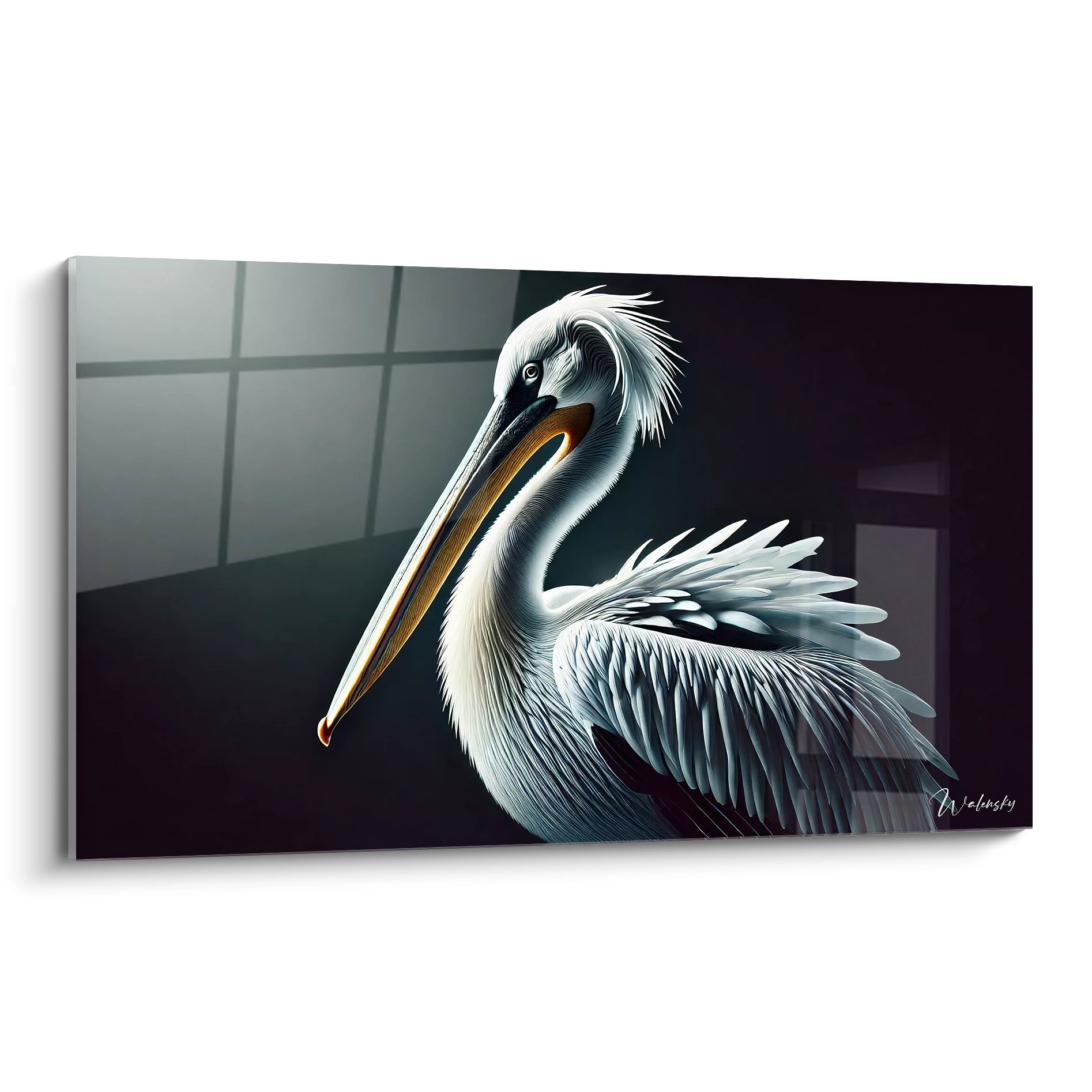 tableau pelican de biais il capture la noblesse et la serenite de l oiseau ses plumes delicatement detaillees apportent un effet realiste et contemporain ideal pour sublimer vos murs

