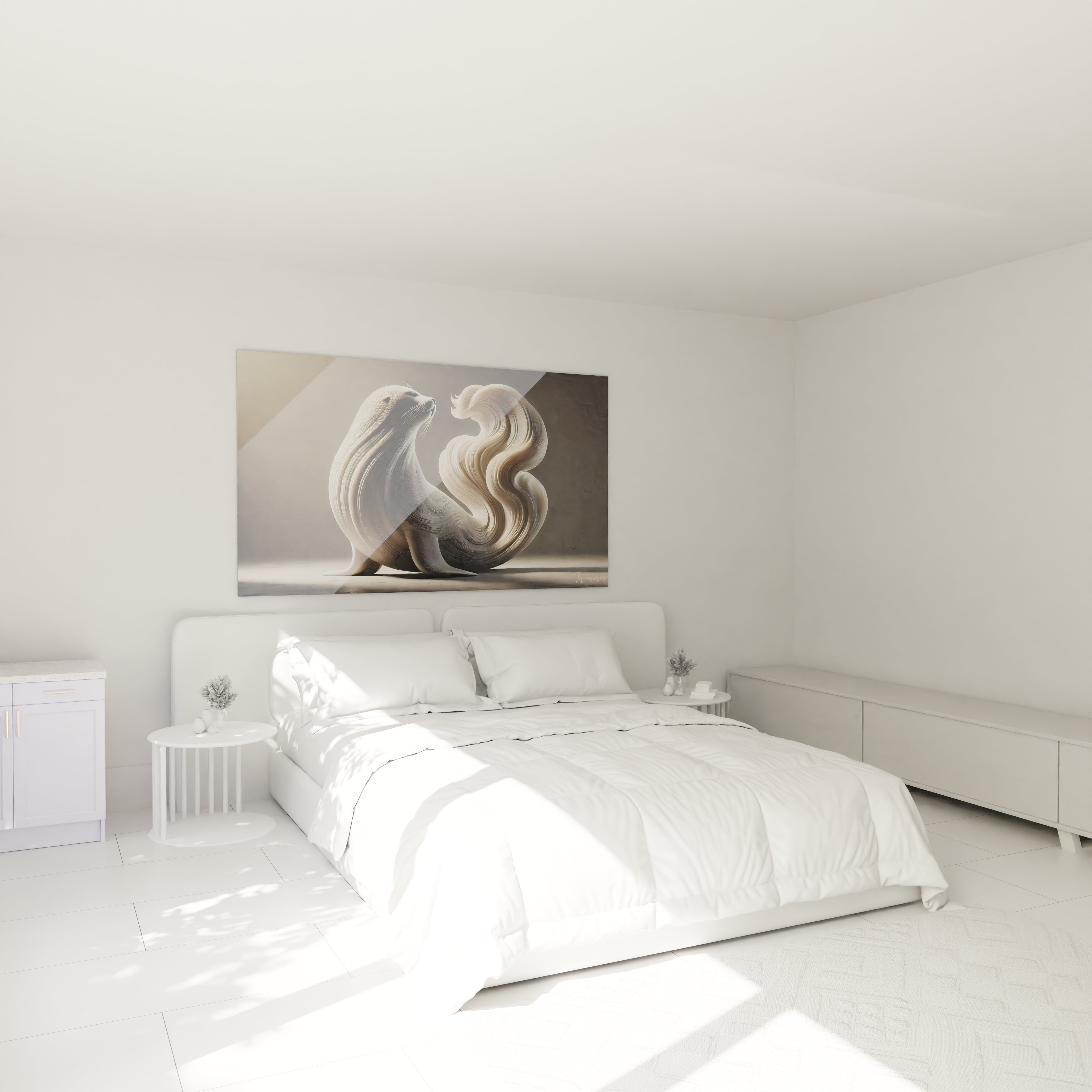 tableau phoque accroché au dessus d un lit dans une chambre une touche d elegance et de serenite grace aux couleurs douces et harmonieuses beige argent et blanc un choix parfait pour apaiser l espace

