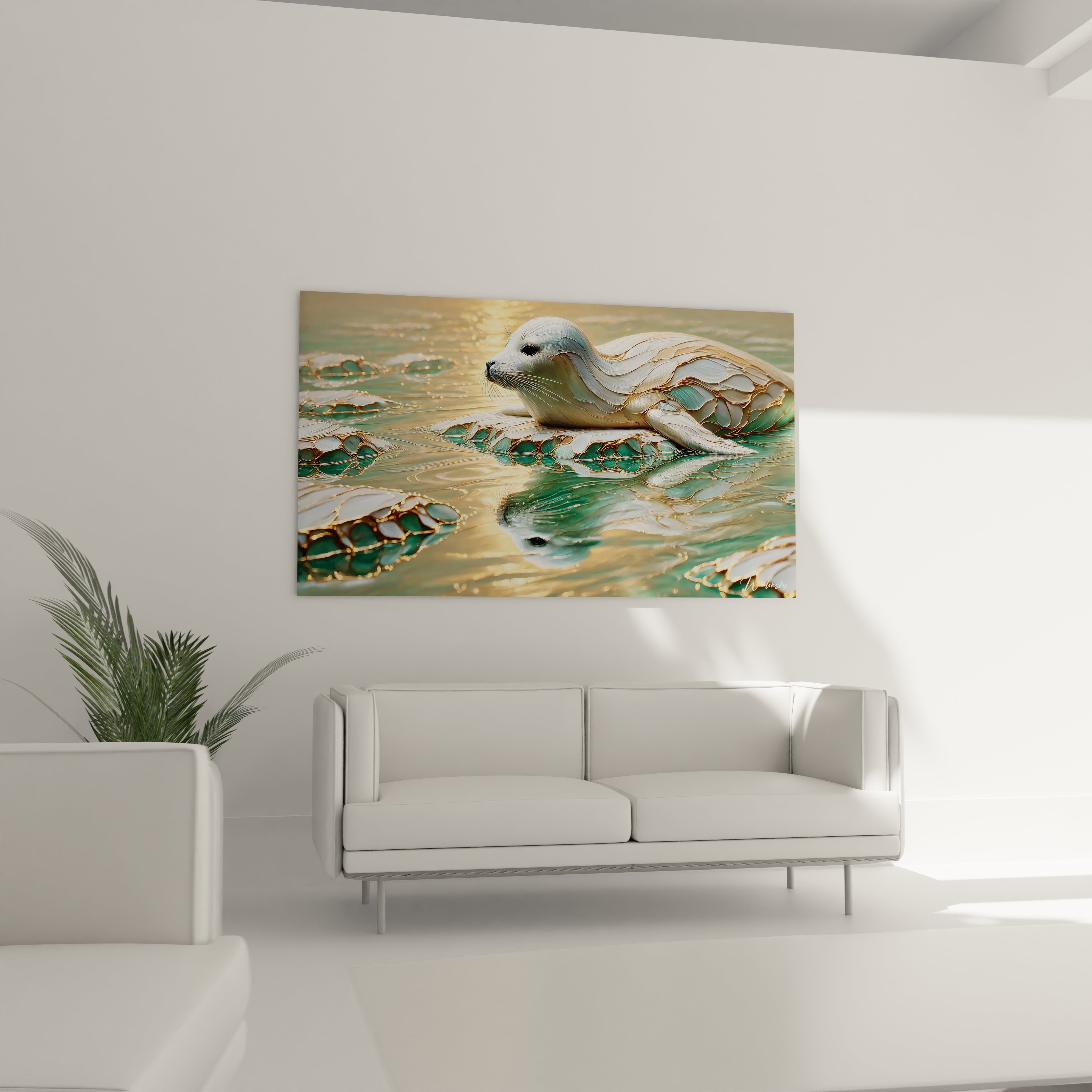 tableau phoque accroche au mur du salon au dessus du canape Son style contemporain et ses touches dorees attirent le regard offrant une serenite naturelle parfaite pour un interieur moderne et calme

