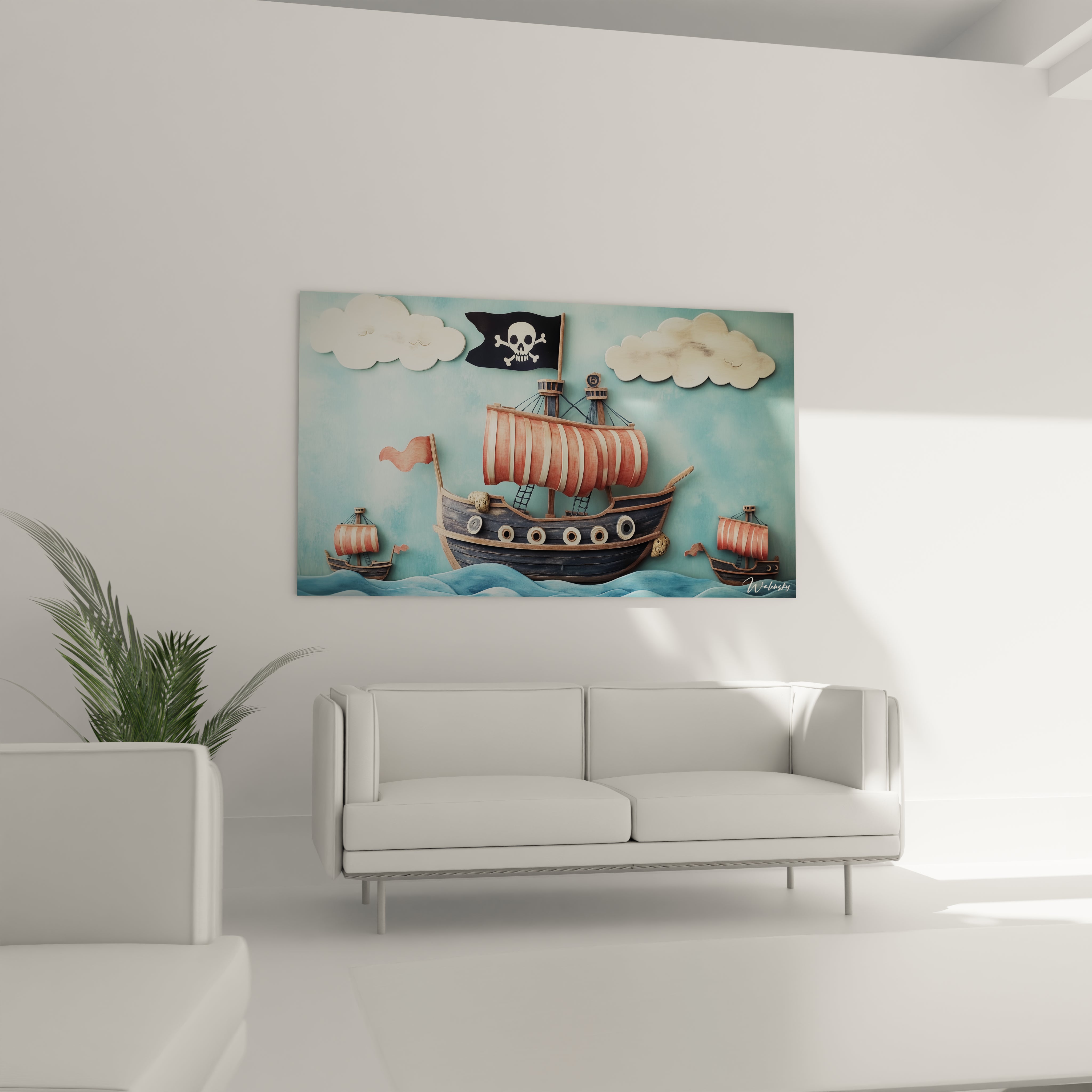 Un tableau pirate pour enfant illustrant un grand voilier noir avec des détails en beige, avançant sur des vagues bleues, encadré par des nuages blancs et un pavillon pirate noir avec une tête de mort blanche.

