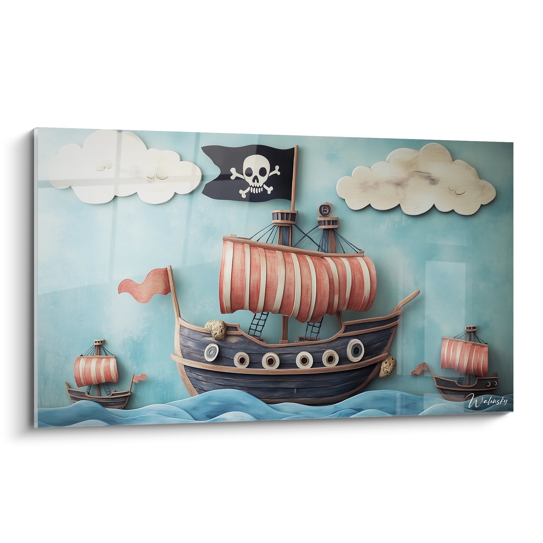 Un tableau pirate pour enfant représentant un grand navire noir aux voiles rouges et blanches, naviguant sur une mer bleue avec des nuages beiges texturés et un drapeau noir orné d’un crâne blanc.

