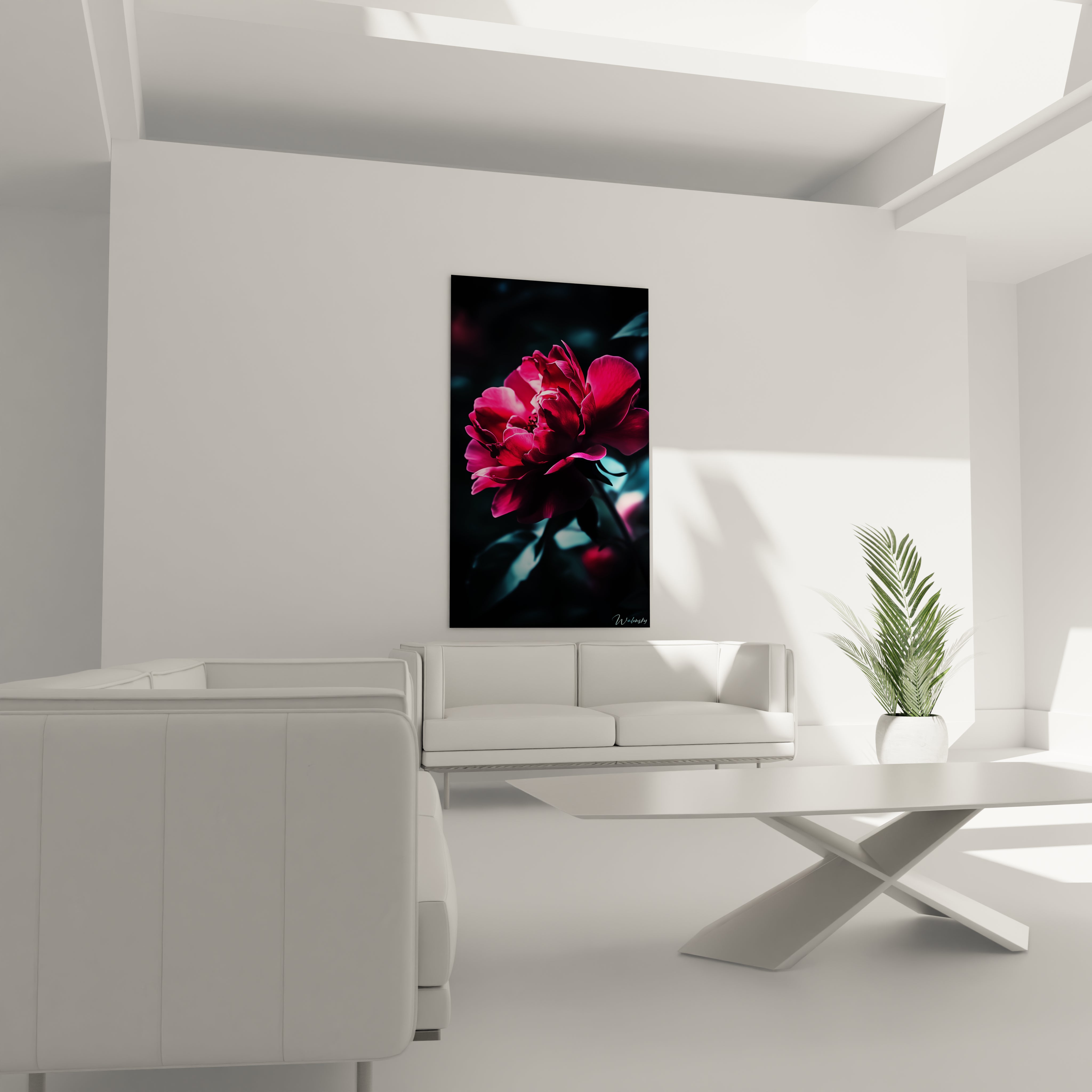 Un tableau pivoine nature mettant en avant une fleur éclatante aux teintes rose et bleutées, avec un jeu d’ombres et de lumières créant un effet de relief et de contraste sur un fond sombre.

