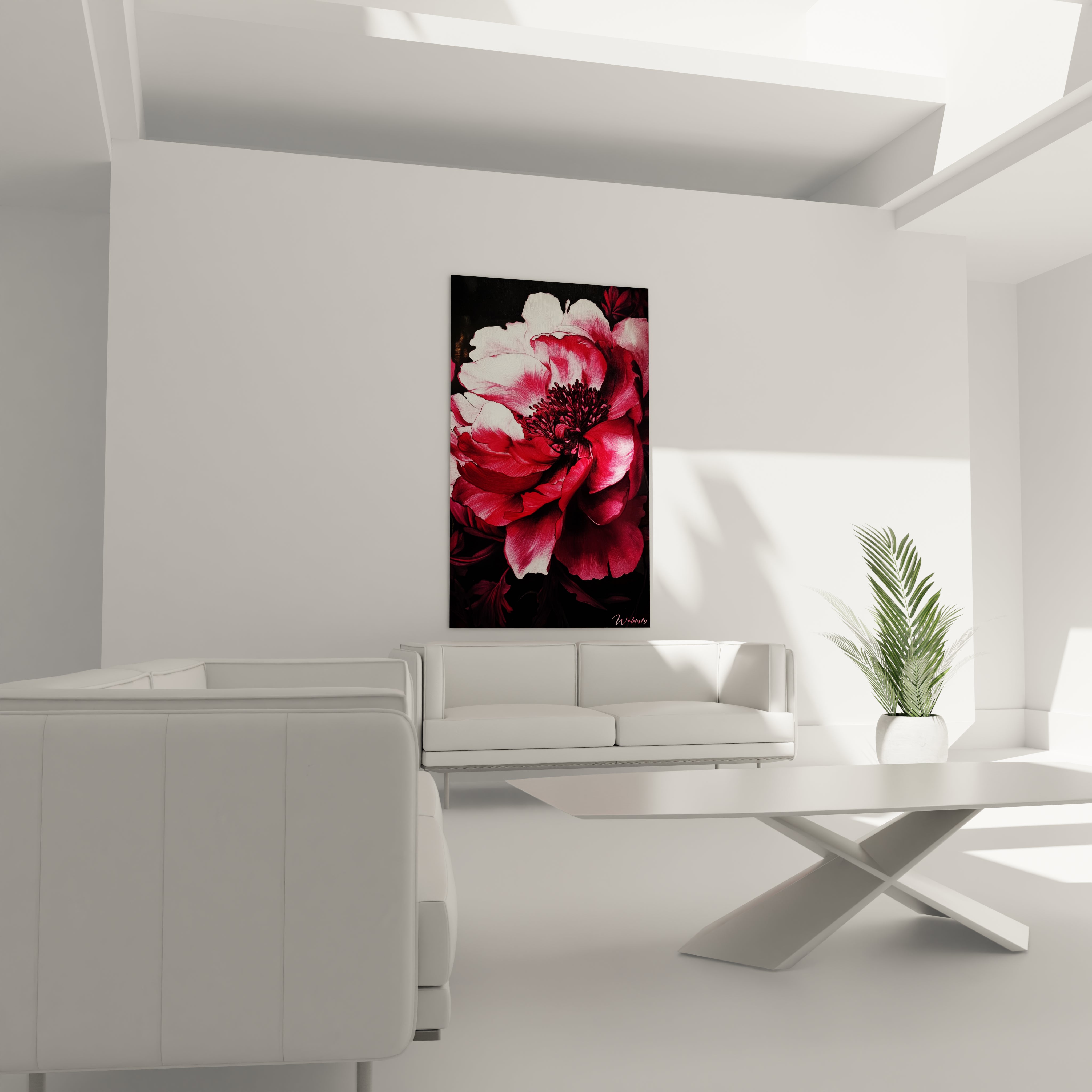 Une composition florale en tableau pivoine nature, mettant en avant une pivoine aux pétales rouge profond et blanc. Effet texturé avec des contrastes marqués entre la fleur et le fond sombre.

