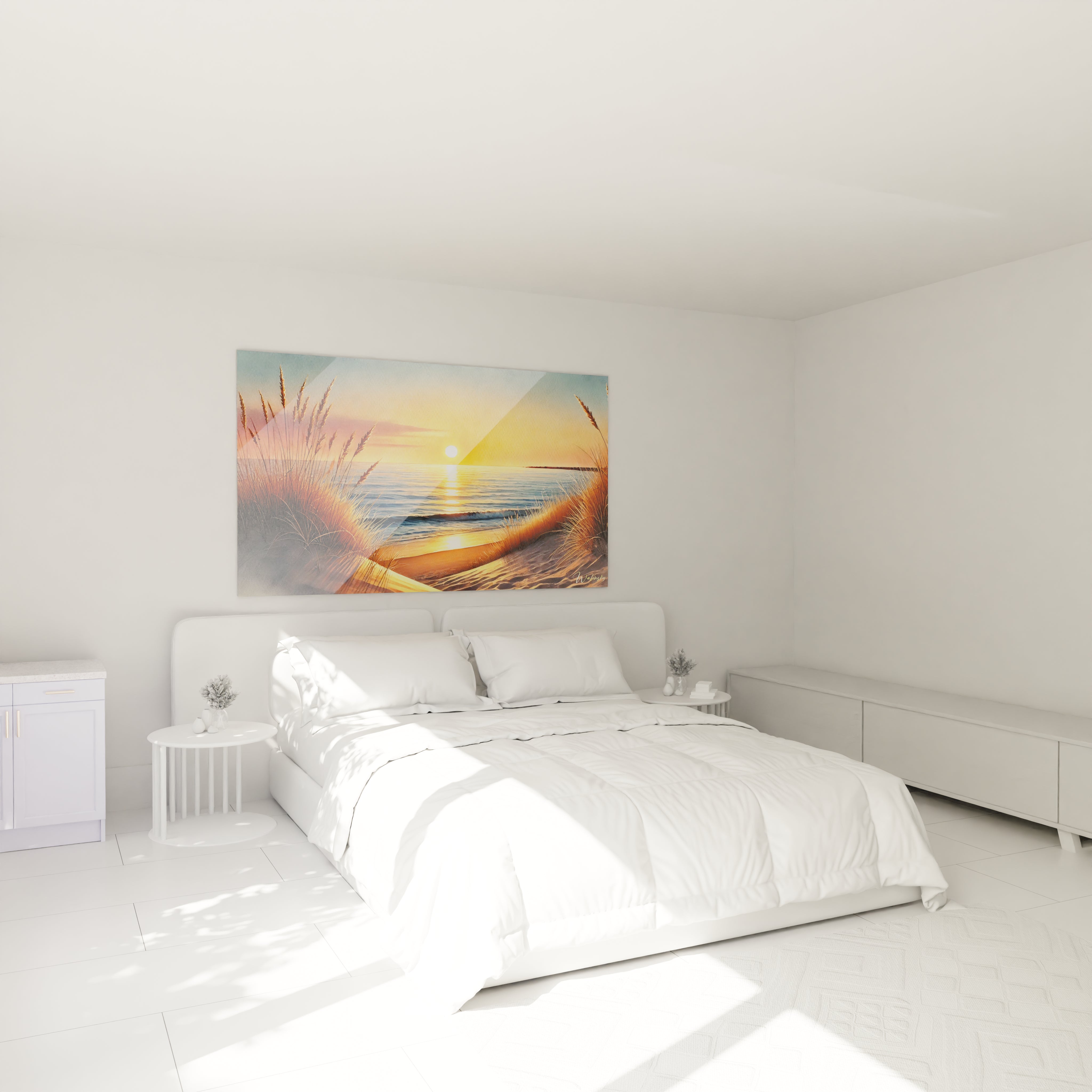 Le tableau plage embellit votre chambre, accroché au-dessus du lit. Son harmonie de couleurs orange et bleu crée un espace paisible et invitant à la détente.

