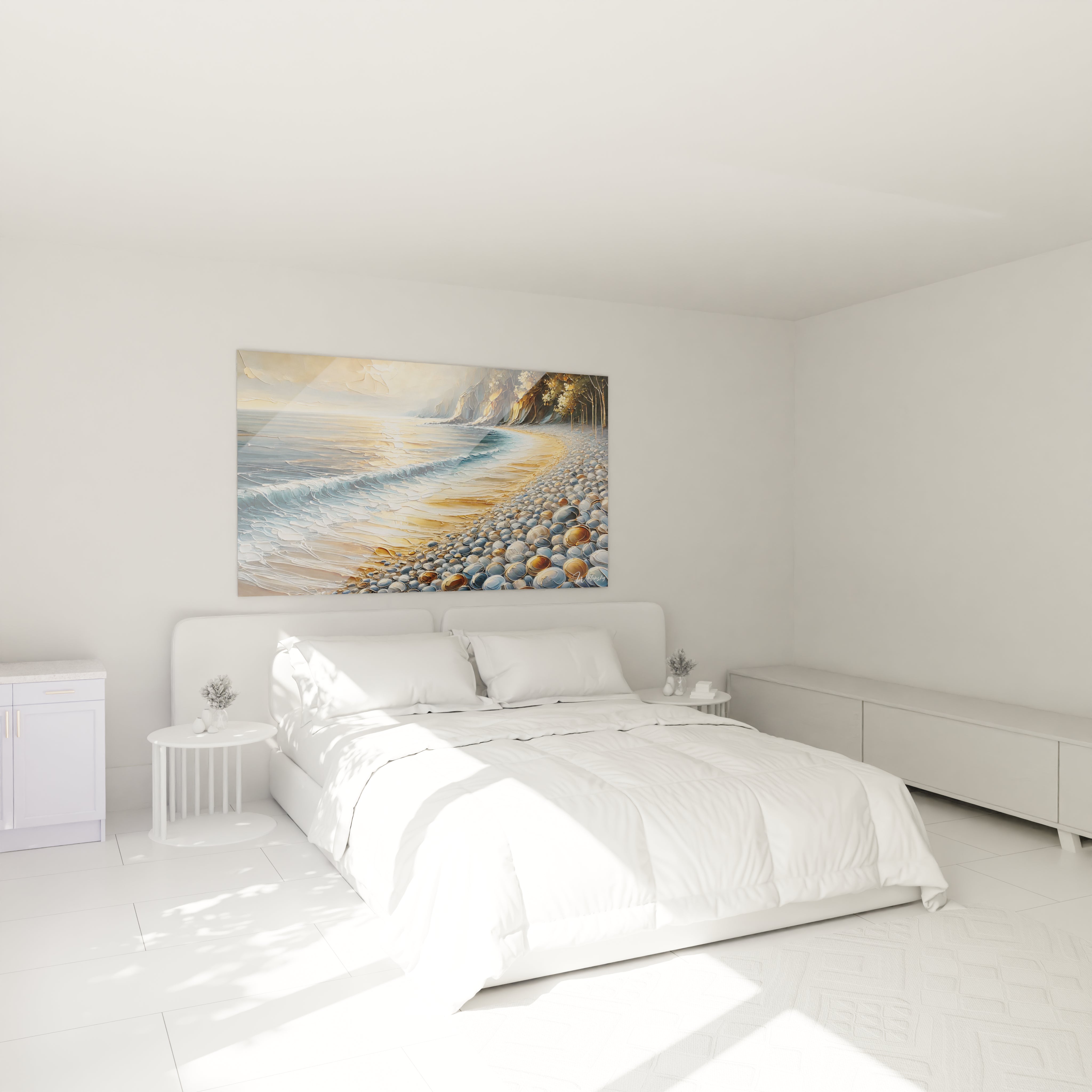 Dans cette chambre, le tableau Plage accroché au-dessus du lit apporte une touche de calme avec ses couleurs douces. Un parfait équilibre entre beauté et repos.

