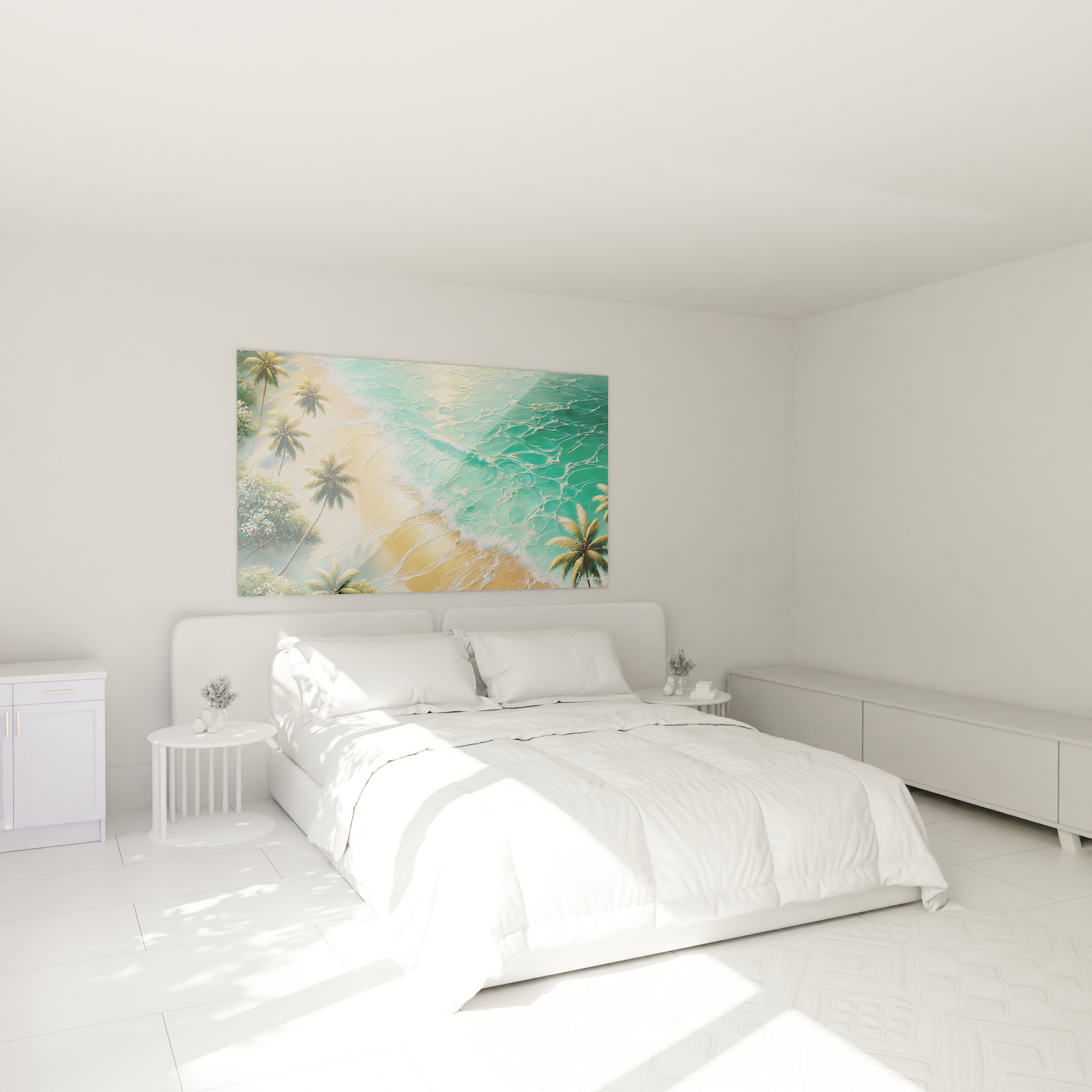 Ce tableau Plage embellit votre chambre, accroché au-dessus du lit, apportant une atmosphère apaisante inspirée des levers de soleil tropicaux.

