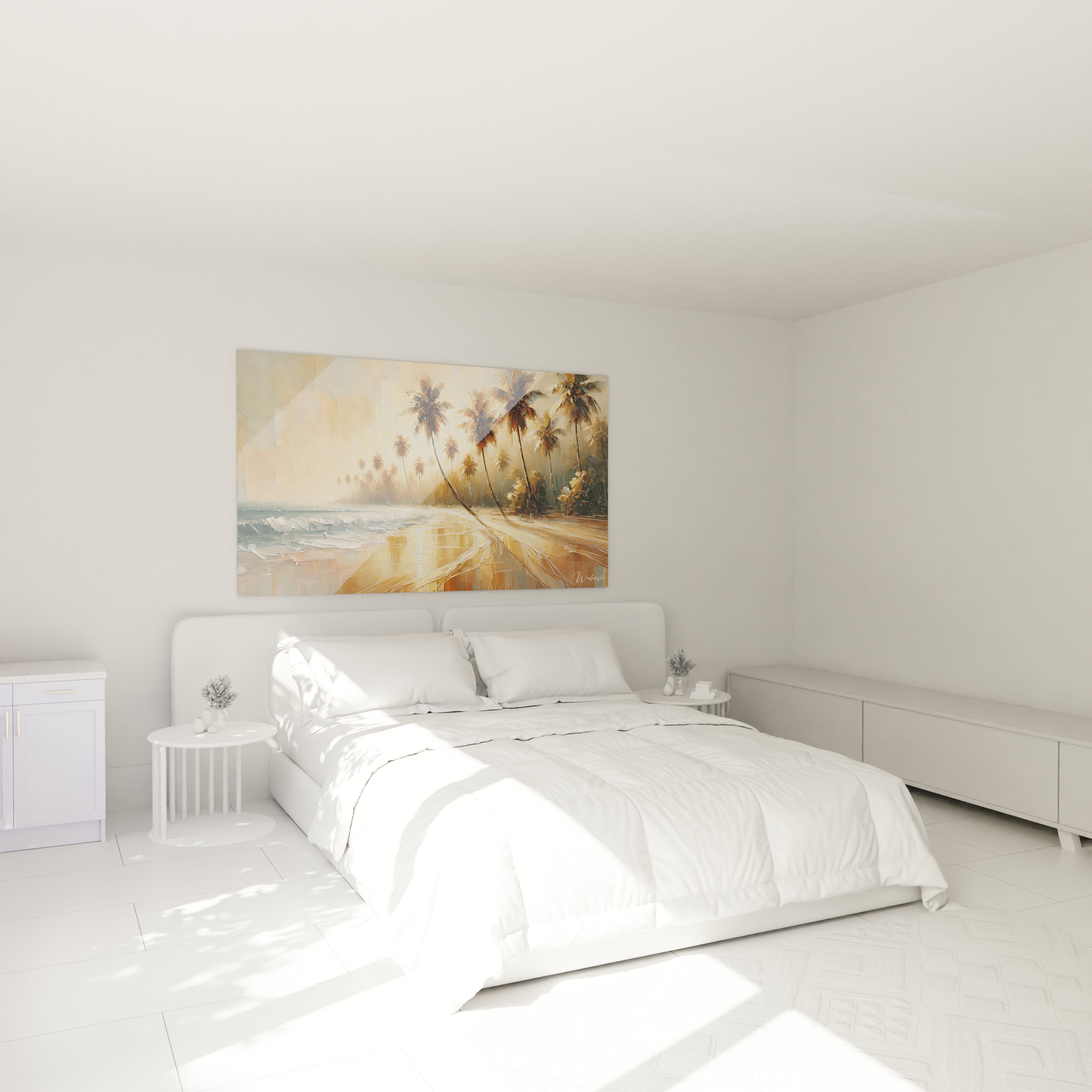 Dans cette chambre, le tableau plage apporte une ambiance apaisante au-dessus du lit, invitant à la rêverie avec ses couleurs chaudes et son atmosphère méditative.

