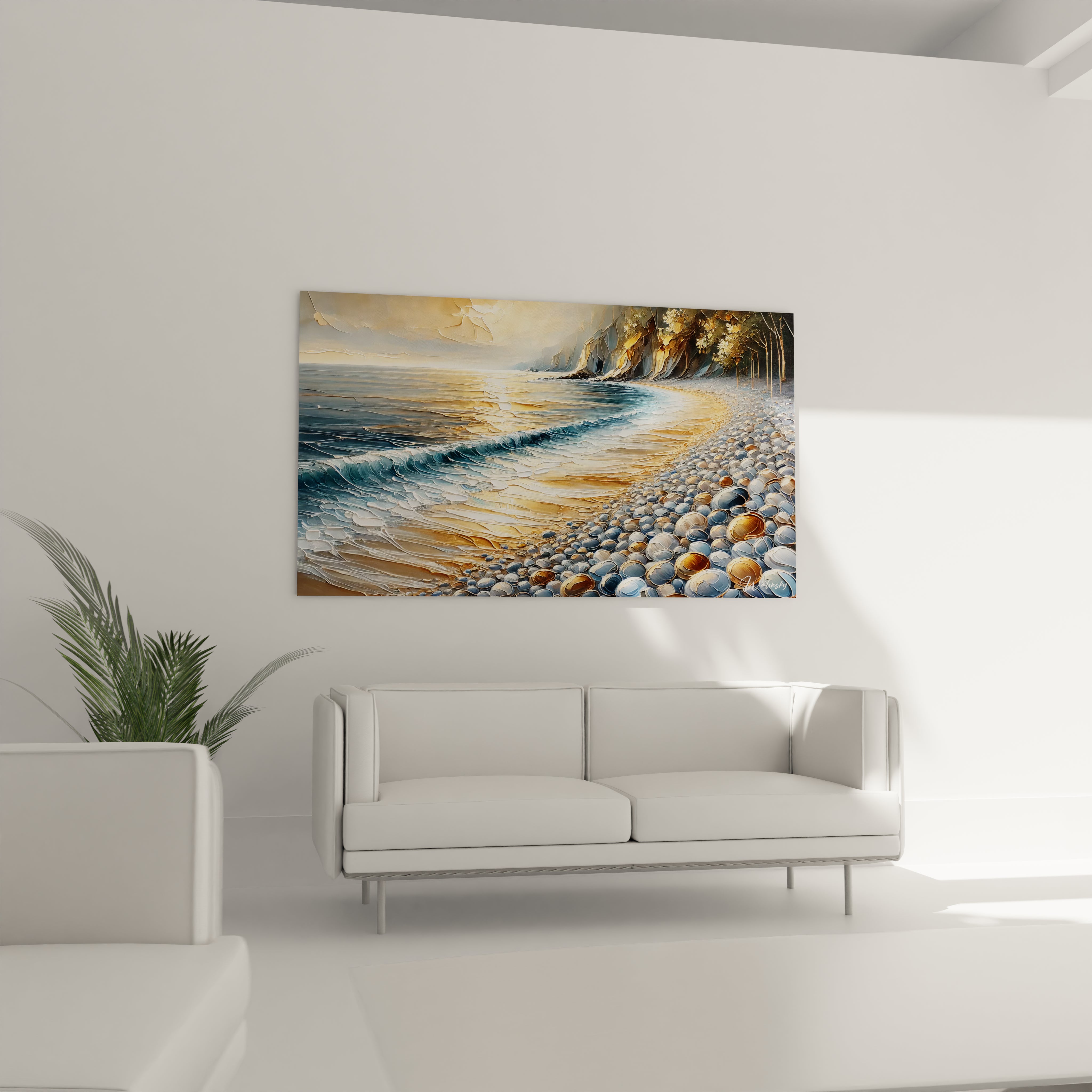 Le tableau Plage au-dessus du canapé du salon crée une atmosphère chaleureuse et apaisante. Son design contemporain et ses teintes en font un élément central de la déco.

