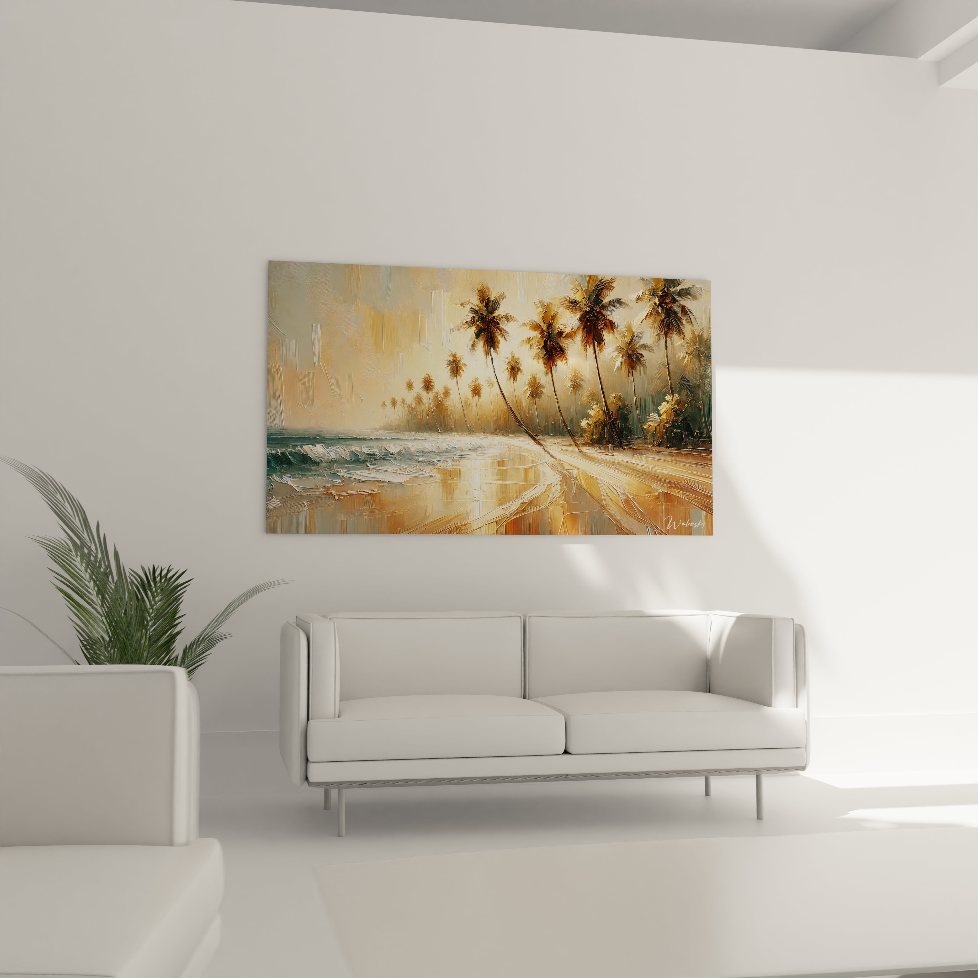 Accroché au-dessus du canapé, ce tableau plage éveille le salon avec sa beauté intemporelle. Les palmiers et les vagues créent une ambiance relaxante et harmonieuse.

