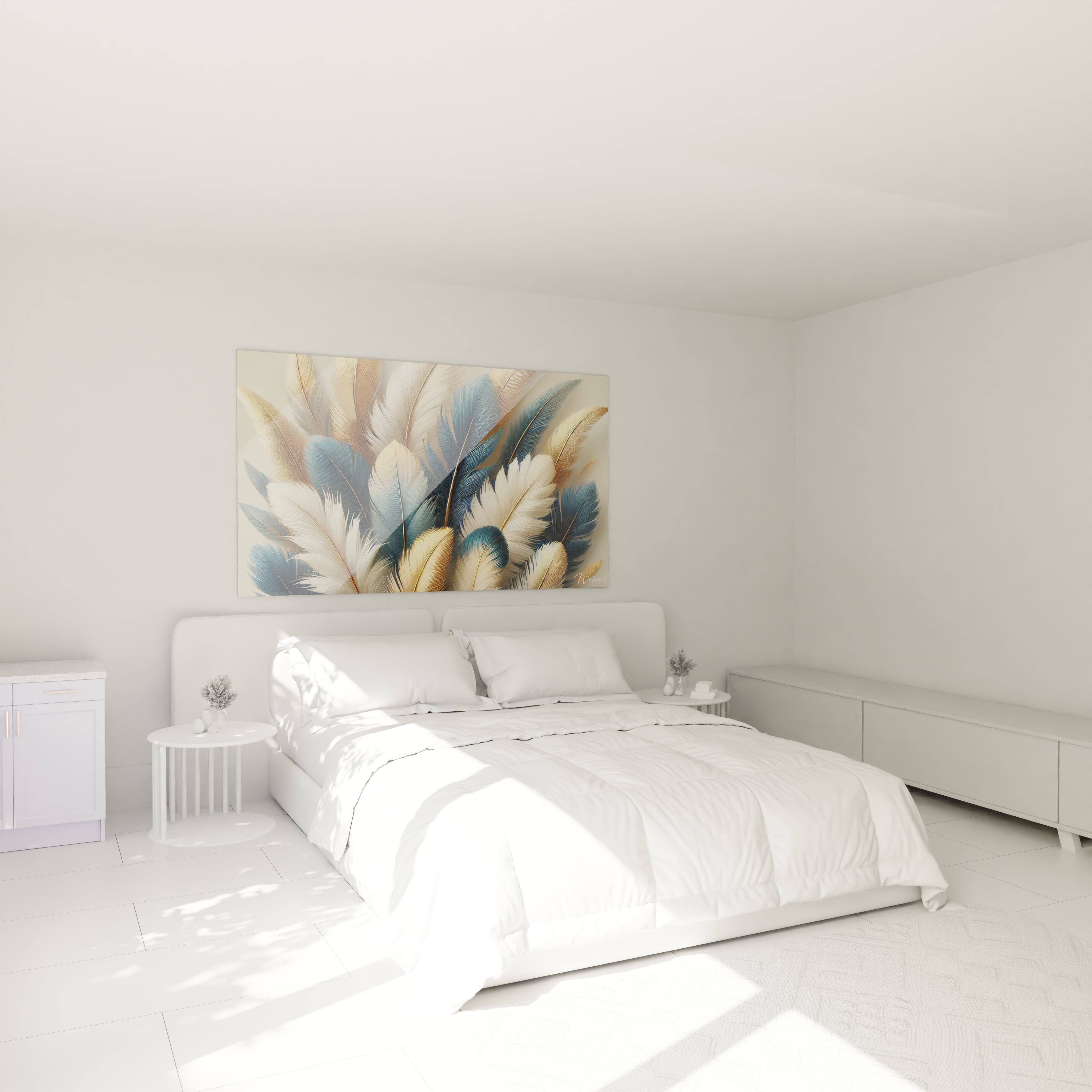 Tableau Plume accroche au mur au-dessus du lit dans une chambre apaisante. Ce tableau ajoute serenite et elegance a votre espace, invitant a la detente par ses tons doux et harmonieux.

