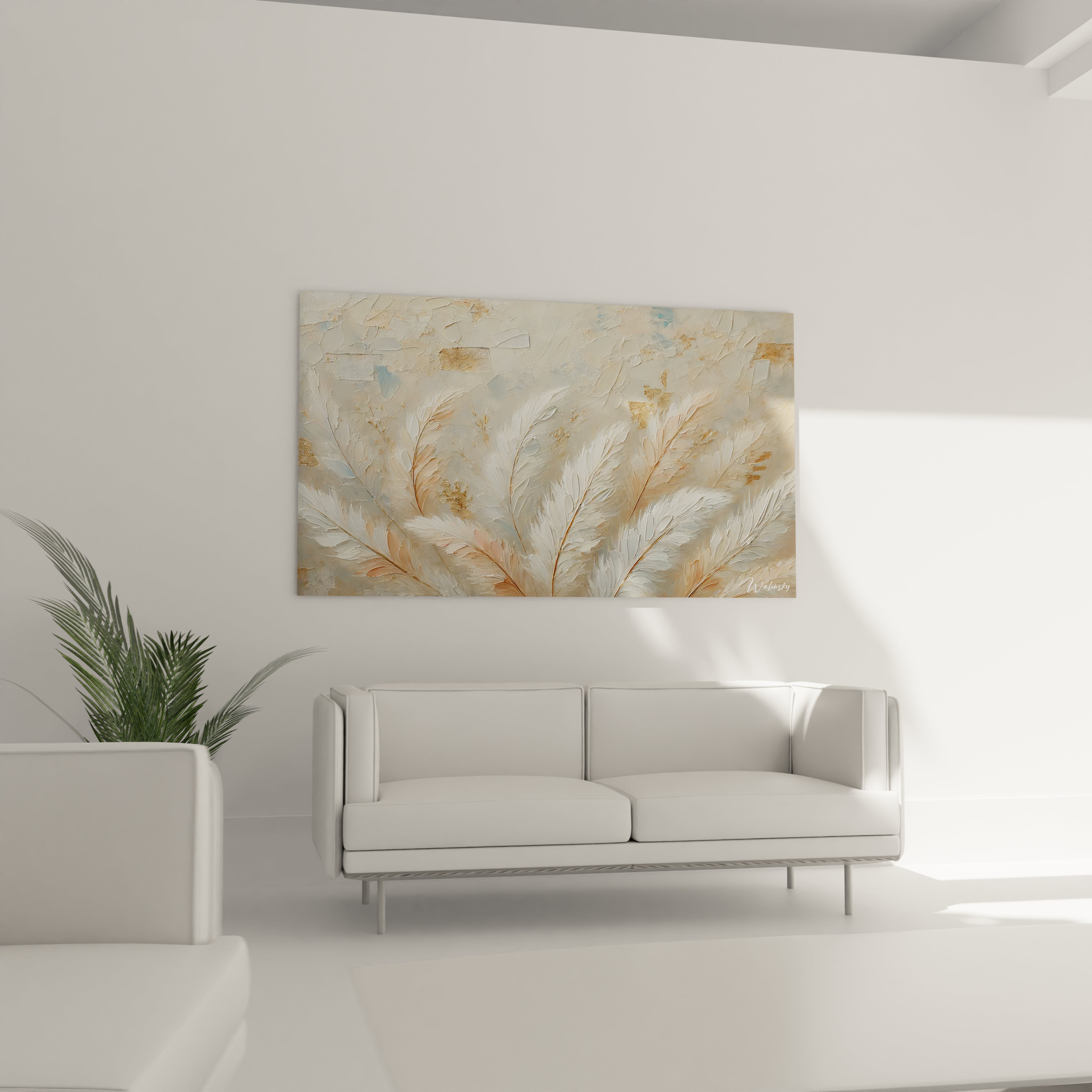 tableau plume au dessus du canape dans un salon lumineux Elargissez votre interieur avec la purete et la serenite de plumes legères et des nuances beiges or et bleutees Un accent de douceur et de sophistication

