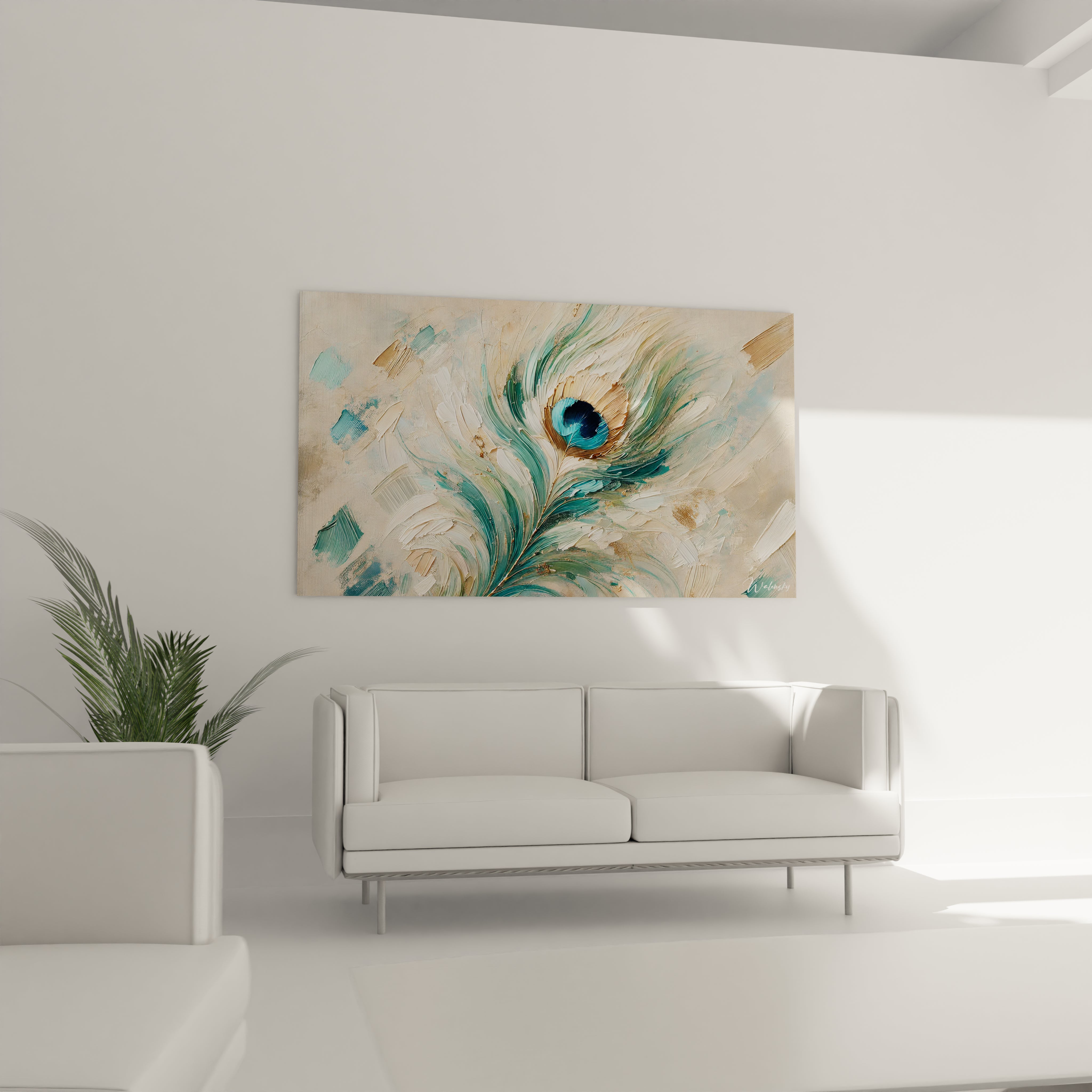 Ce tableau Plume s'intègre parfaitement au salon au dessus du canapé. Ses couleurs apaisantes et son relief elegant evoquent mystere et elegance dans votre interieur.

