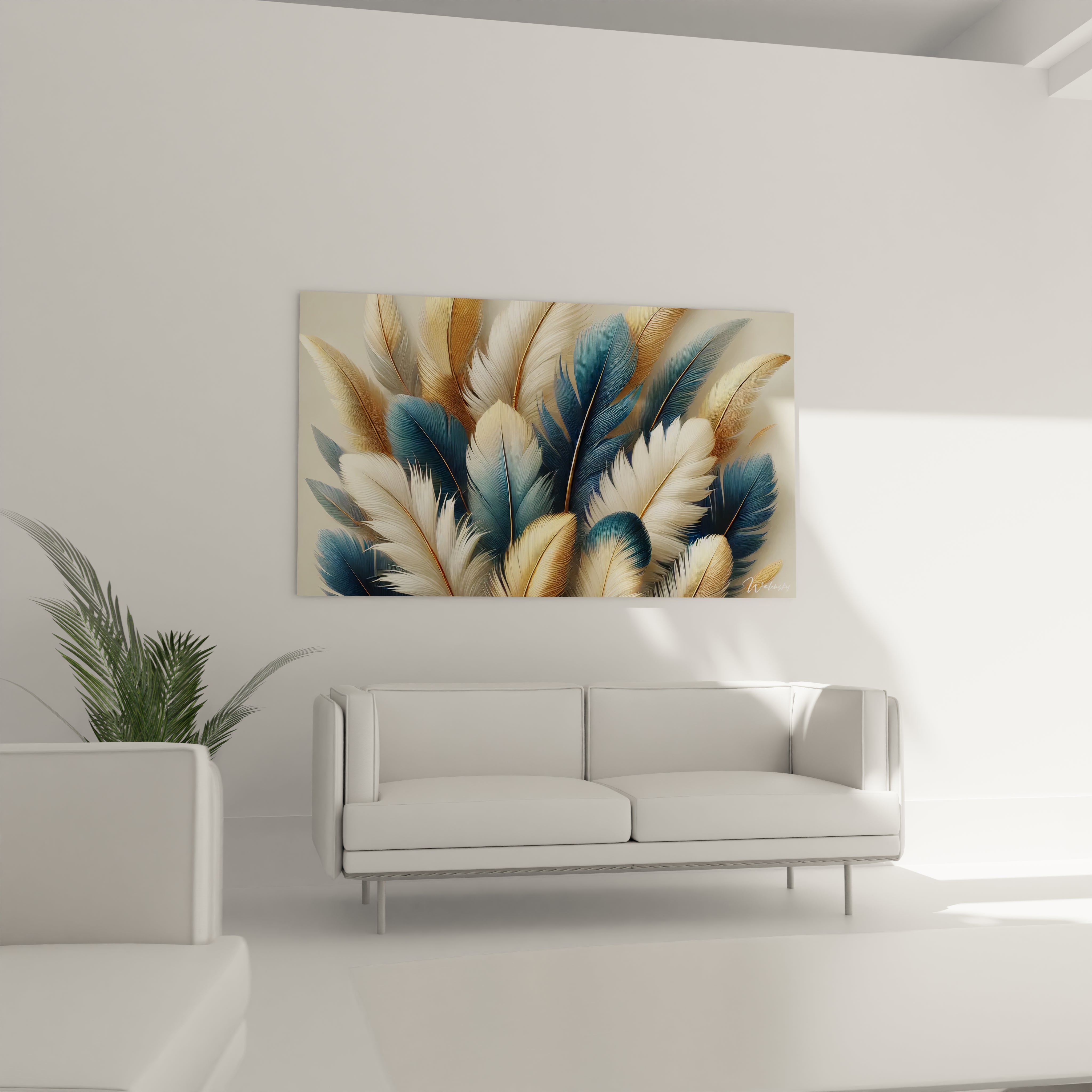 Tableau Plume au-dessus du canape dans un salon sophistique. Avec ses nuances de bleu et d’or, il evoque une atmosphere de serenite et de raffinement, parfait pour un interieur lumineux.

