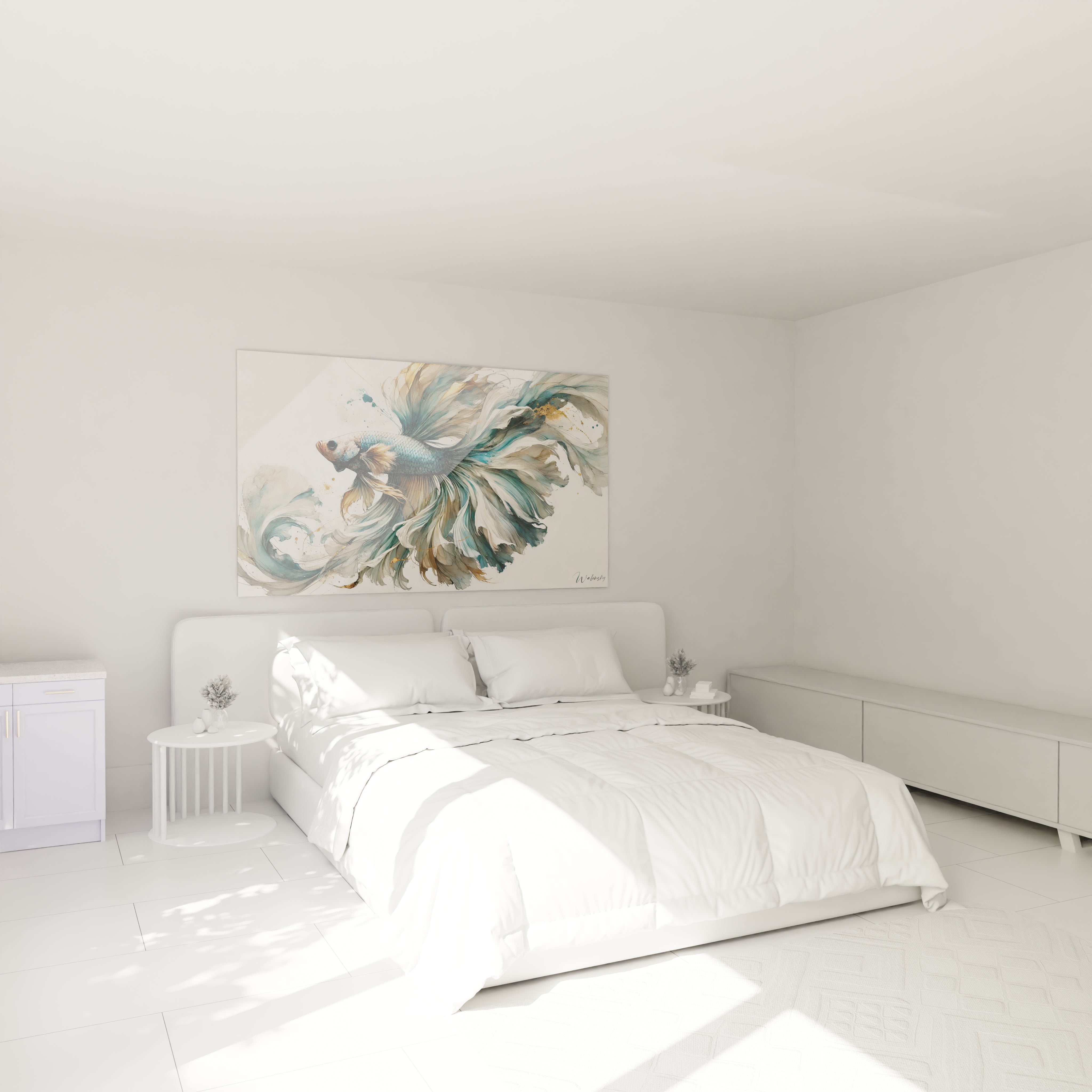 Sublimez votre chambre avec ce tableau poisson betta accroche au dessus du lit. Les nuances de bleu et or offrent une atmosphere sereine et apaisante, ideale pour une decoration elegante et moderne