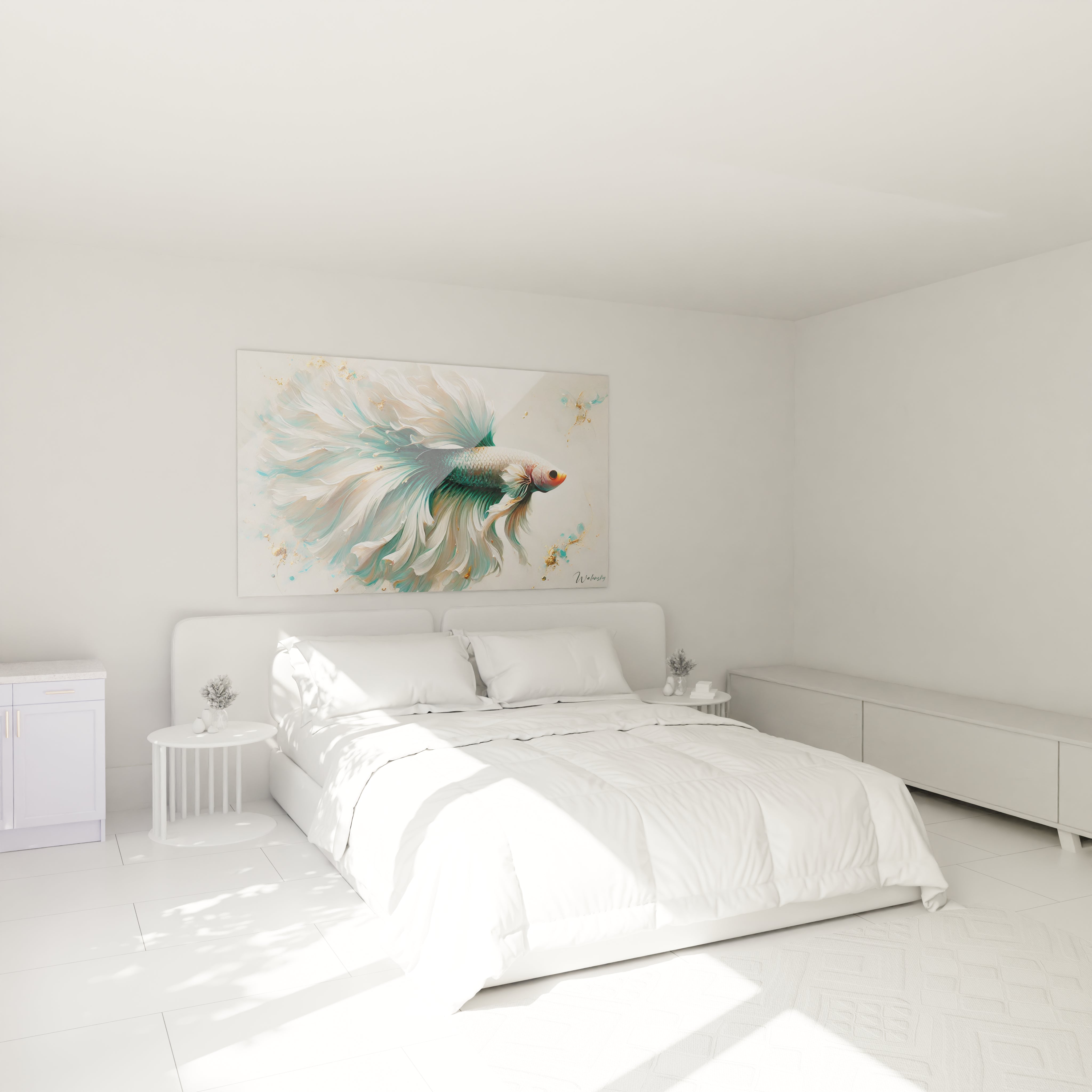 Tableau poisson betta accroché dans une chambre au-dessus du lit. Ambiance relaxante grâce aux teintes vert, blanc et or. Parfait pour apporter une touche de douceur et d'élégance à la décoration.

