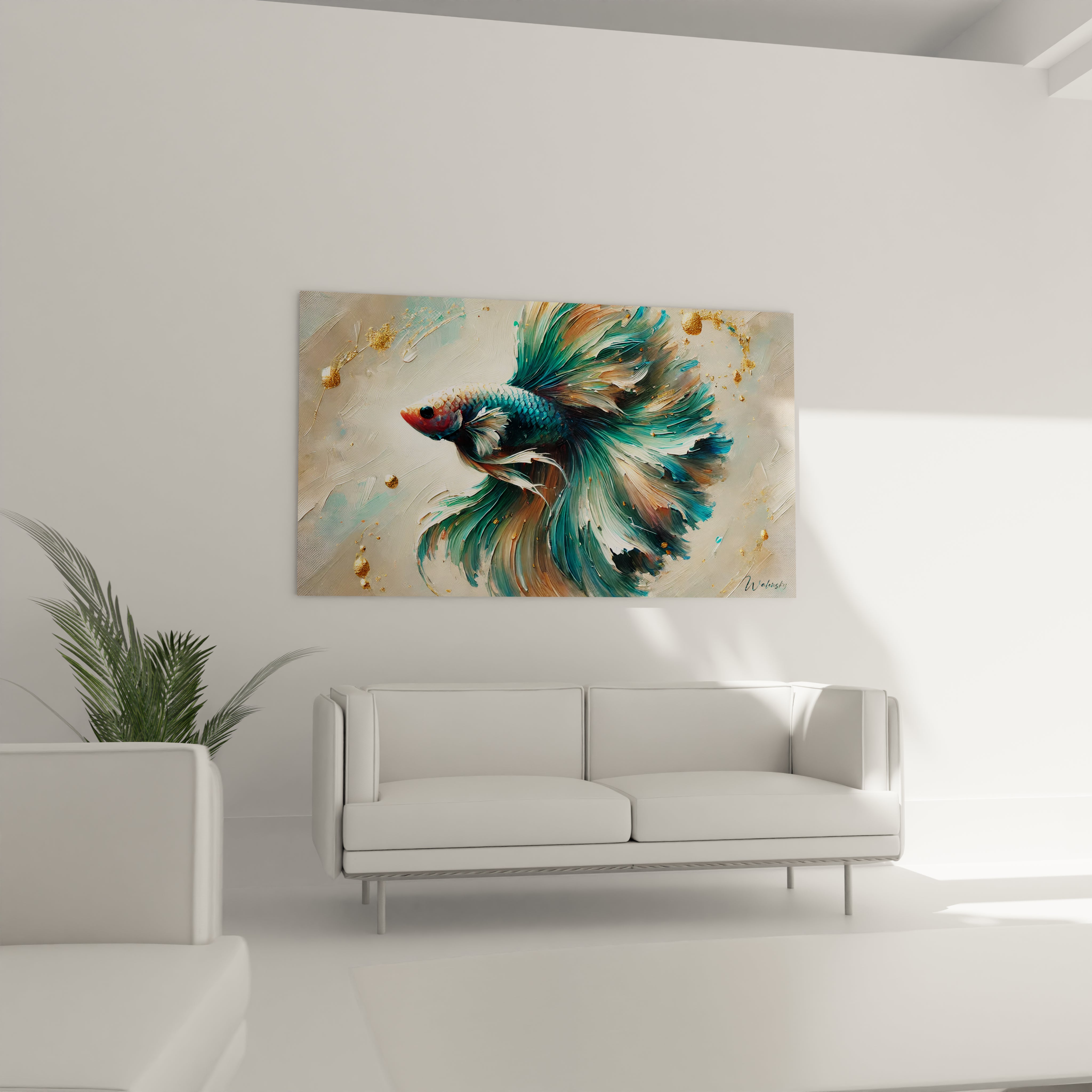 Tableau poisson betta accroché dans un salon. Parfait pour créer une ambiance dynamique et artistique au-dessus du canapé. L'œuvre illumine la pièce grâce à ses nuances de bleu, vert et éclats d'or.

