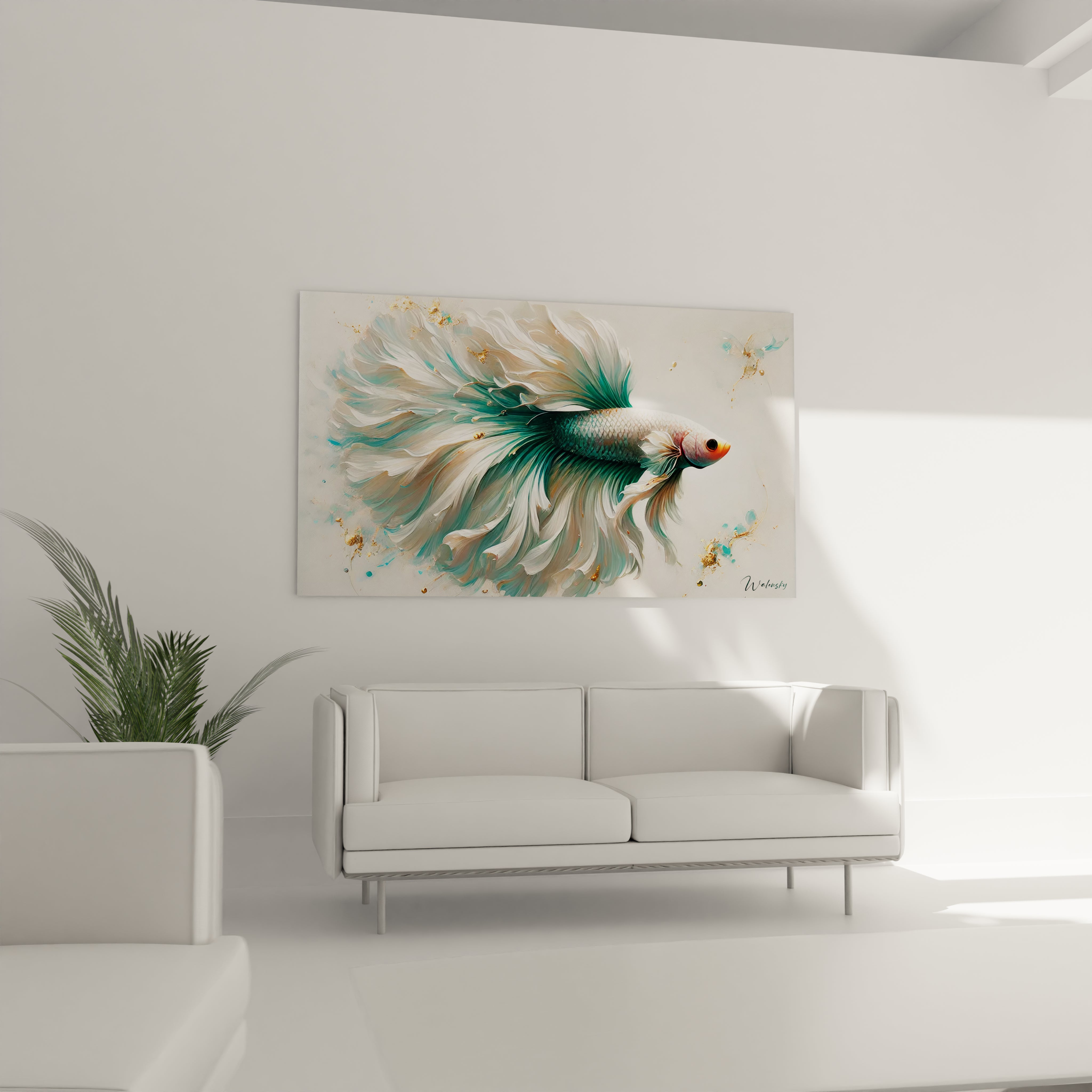 Tableau poisson betta exposé dans un salon, au-dessus du canapé. Les couleurs vert, blanc et or ajoutent une note apaisante et raffinée à l'espace. Ideal pour créer une atmosphère harmonieuse et contemporaine.

