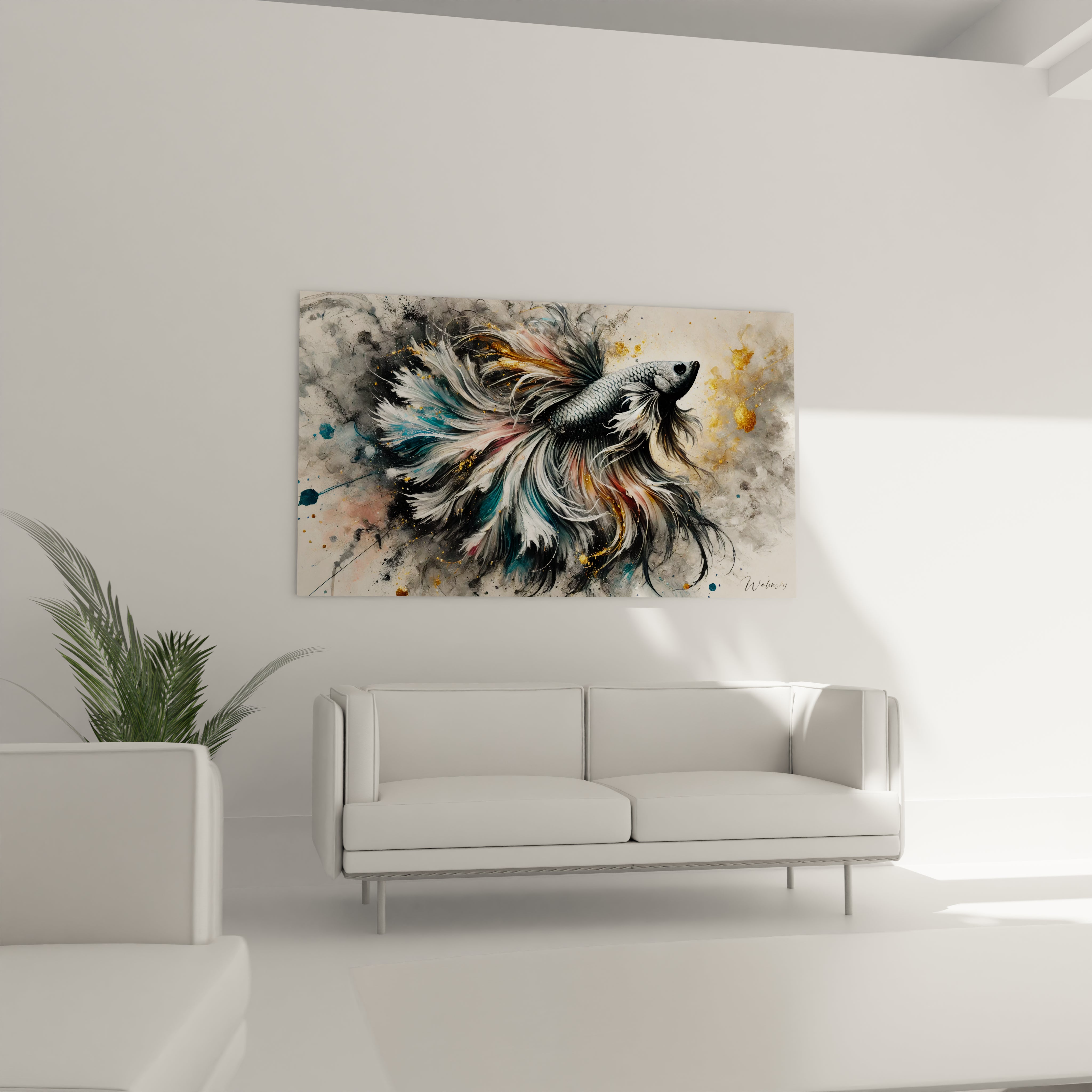 Tableau poisson betta au-dessus d un canapé dans un salon. Un ajout luxueux et dynamique pour un intérieur contemporain, avec des tons gris, noirs et des éclats dorés pour un effet saisissant.